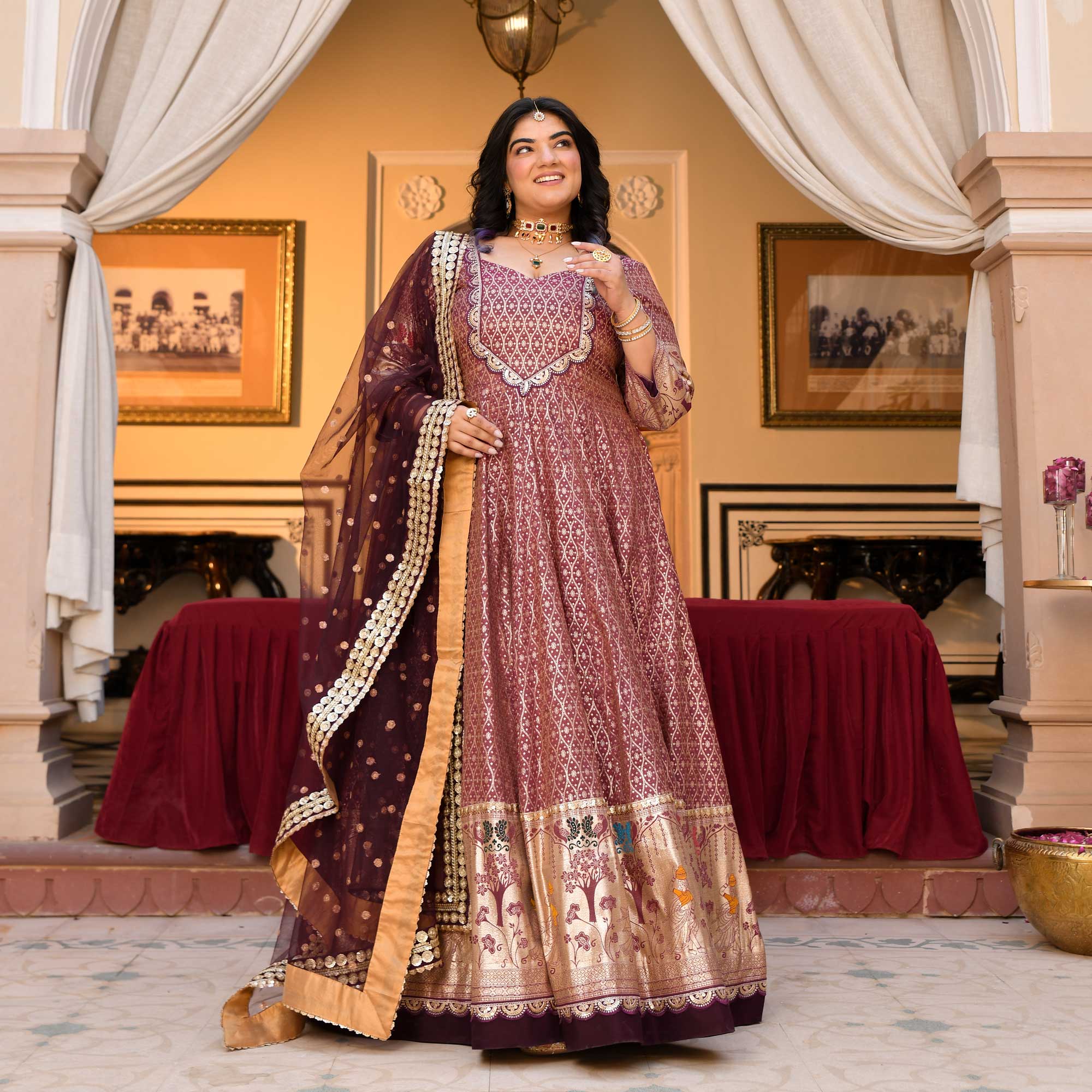 Arunima - Deep Wine Banarasi Silk Anarkali Set Arunima - Deep Wine Banarasi Silk Anarkali Set