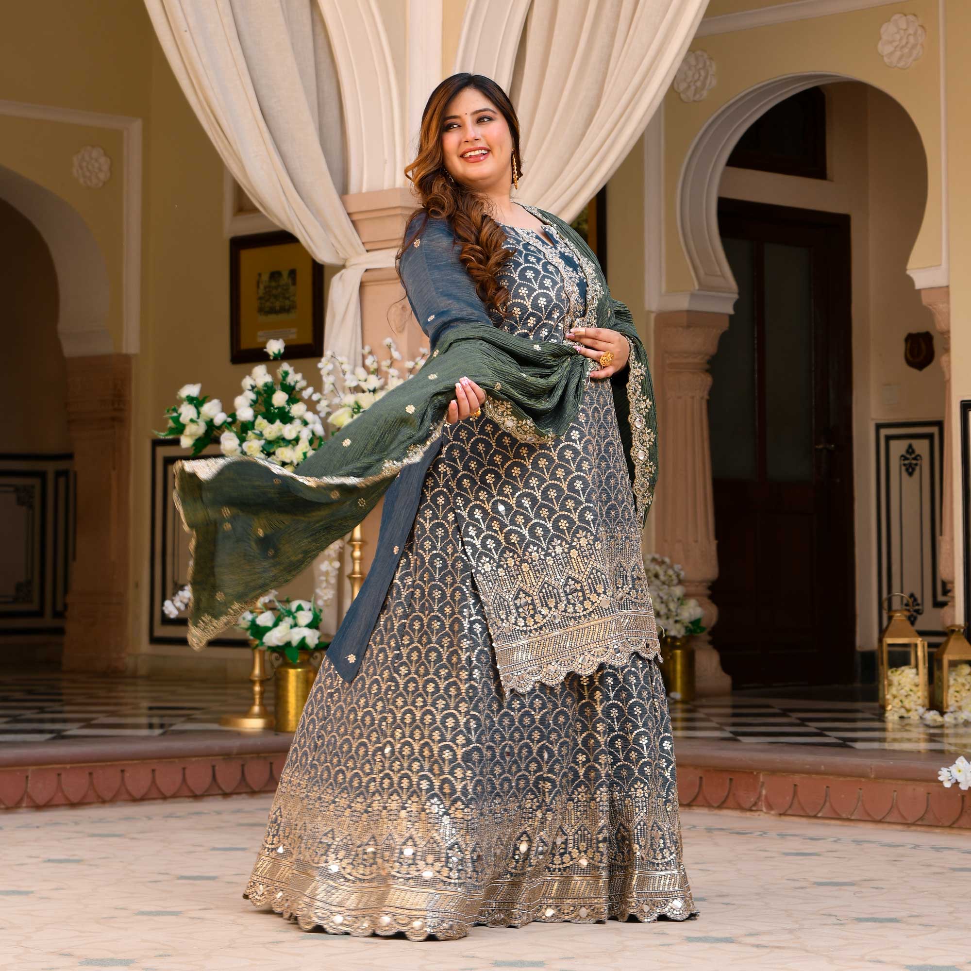 Leela - Slate Grey & Limed Ash Crushed Sequin Embroidered Pure Tissue Silk Skirt Set