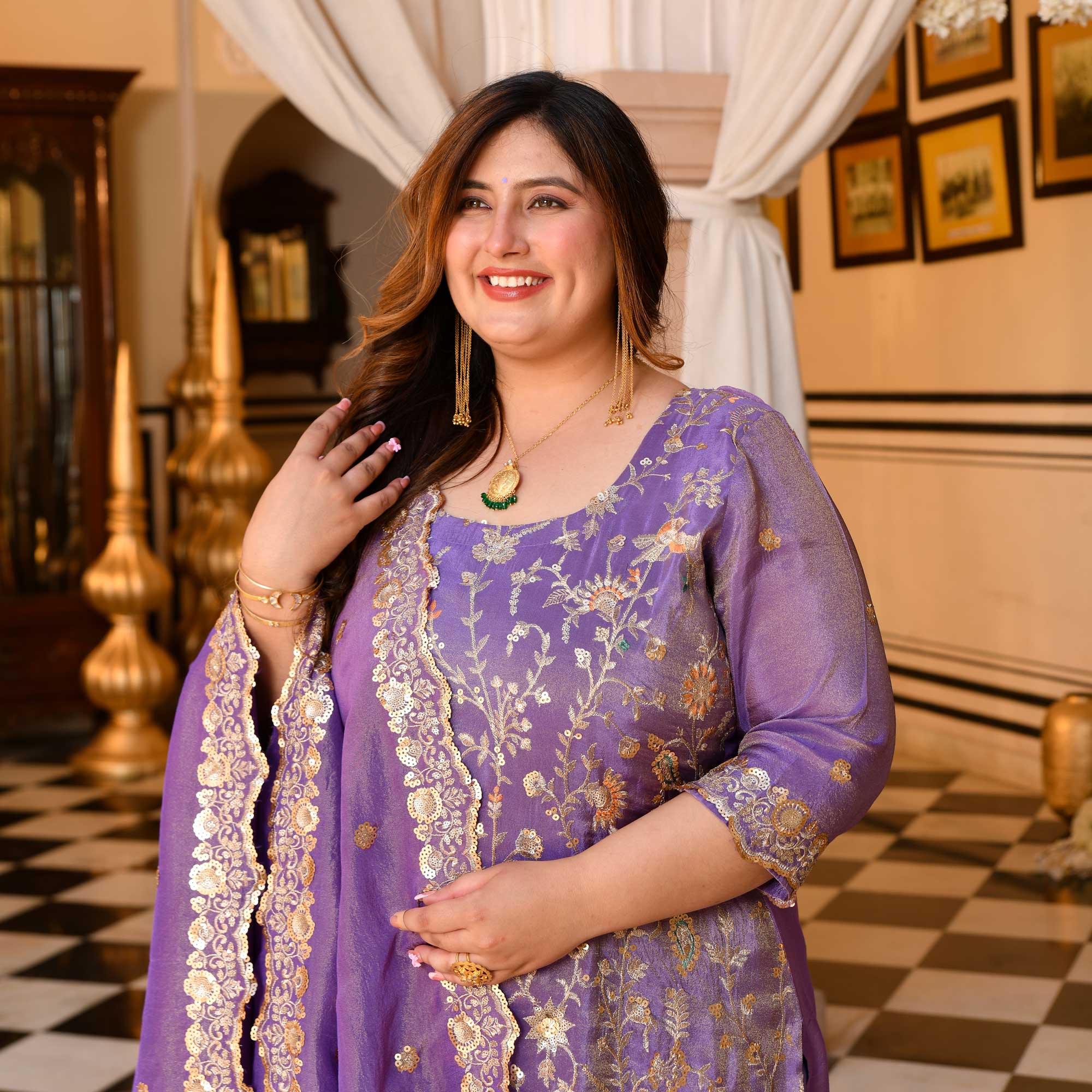Urvashi - Wisteria Purple Sequin & Thread Embroidered Pure Tissue Silk Suit Set