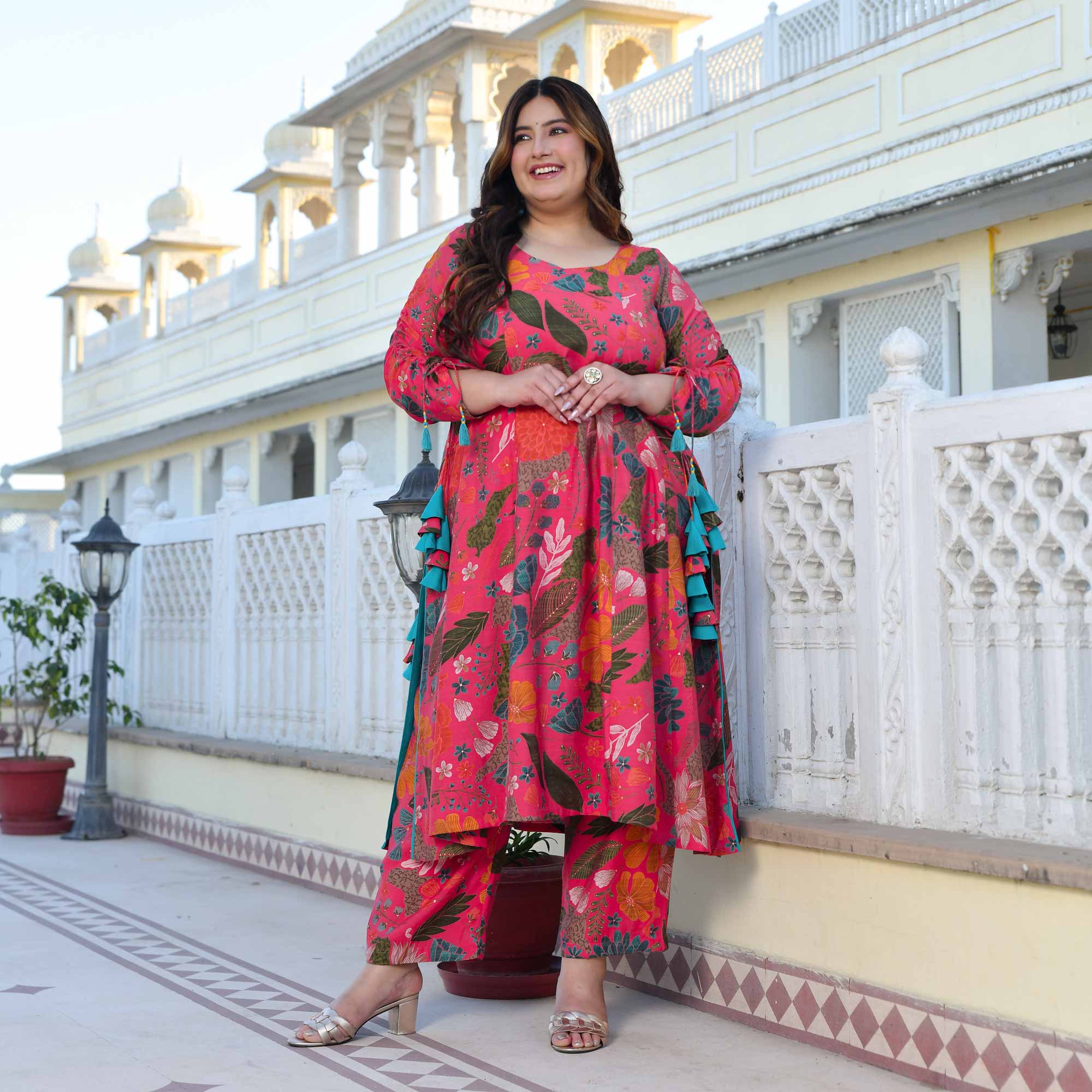 Zinnia- Raspberry Pink Floral Modal Viscose Blend Aline Slit Kurta Pant Set Zinnia- Raspberry Pink Floral Modal Viscose Blend Aline Slit Kurta Pant Set