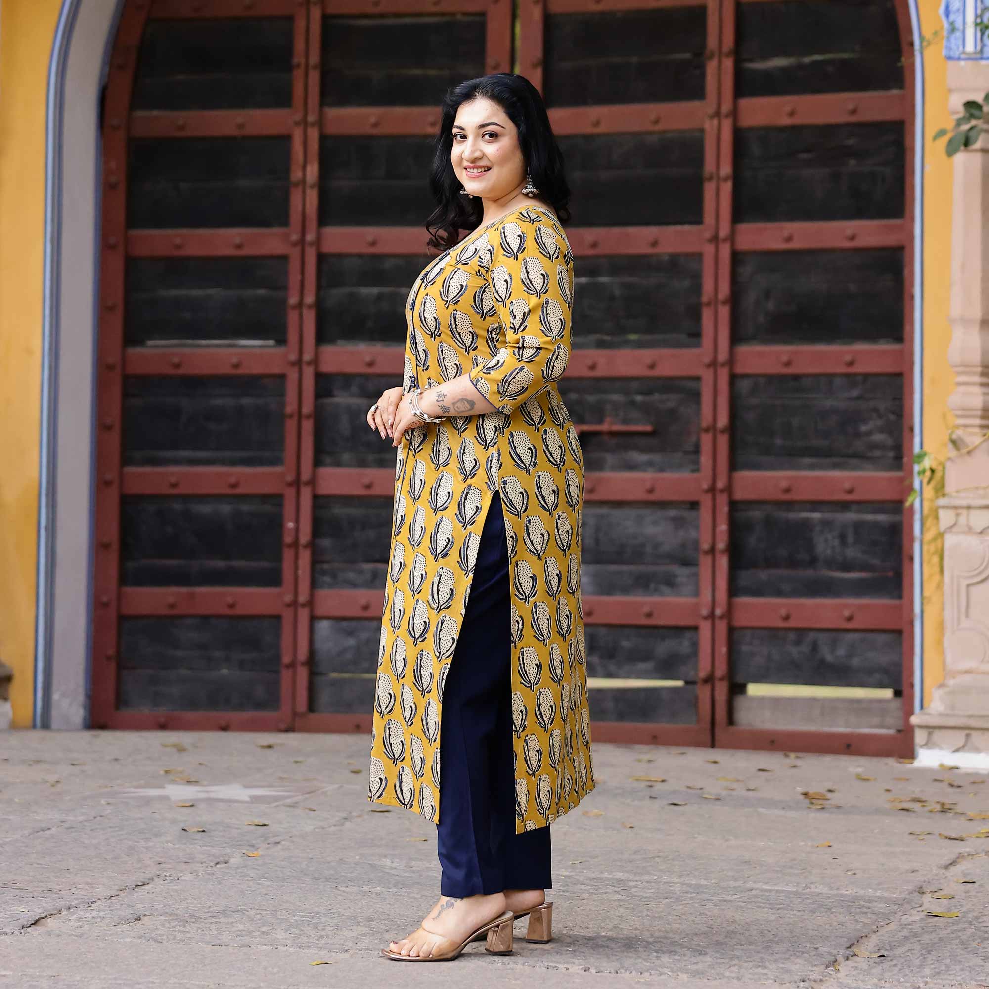 Buttercup Yellow Handblock Printed Cotton Kurta