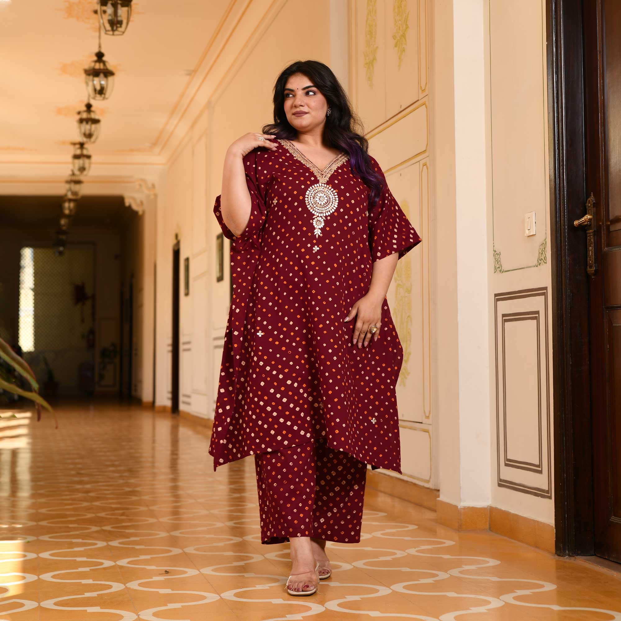 Legacy Bandhani Gota-Patti Handblock Pure Cotton Kaftan Set