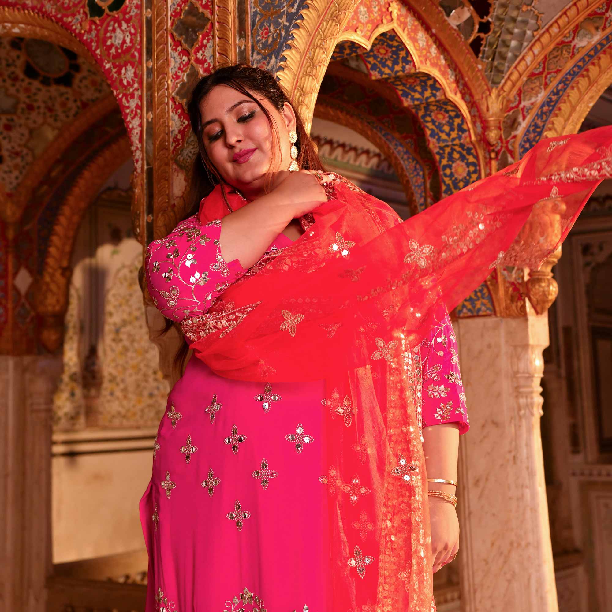 Pink Flame Mirror Embroidered Pure Georgette Suit Set