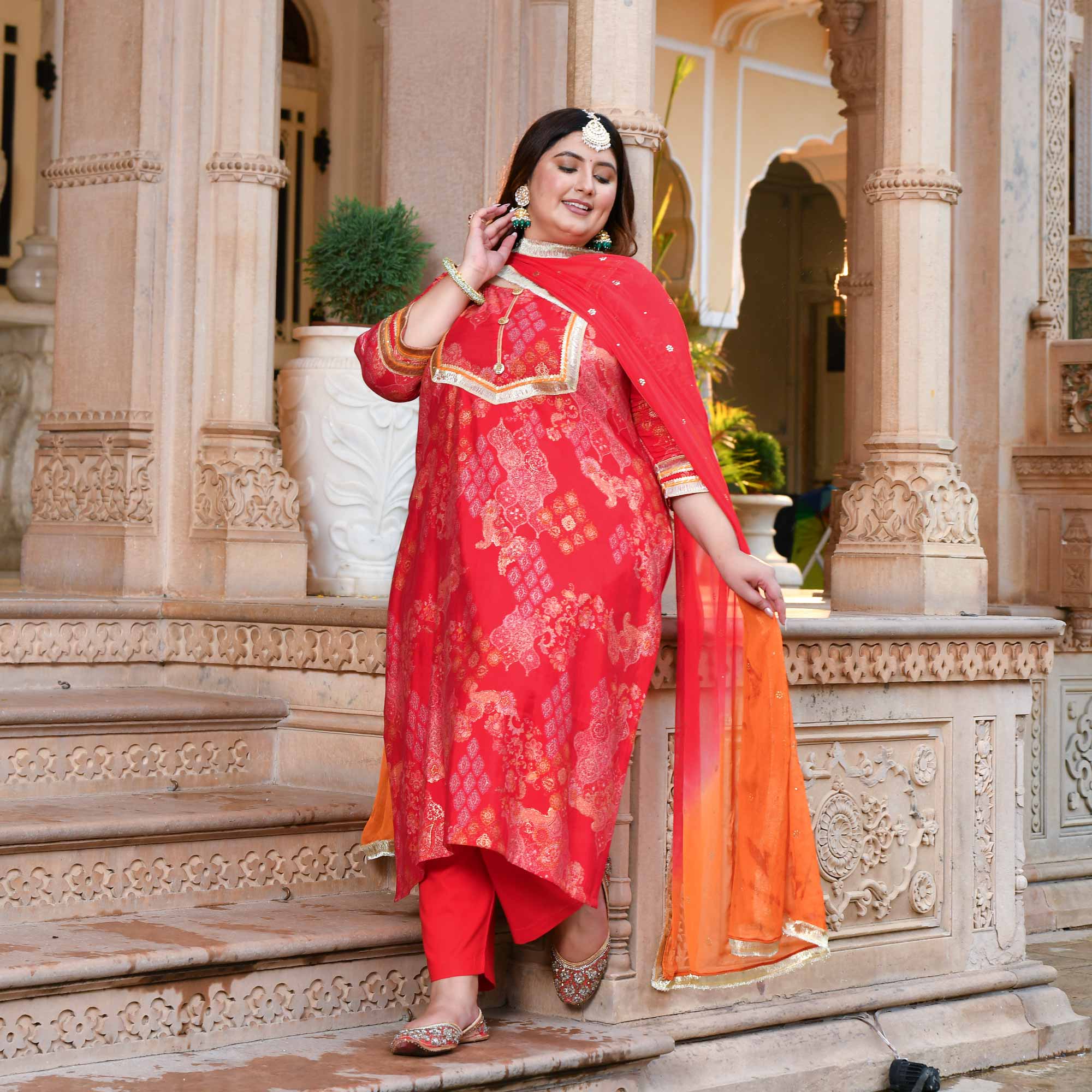 Red & Gold Printed Rayon Suit Set