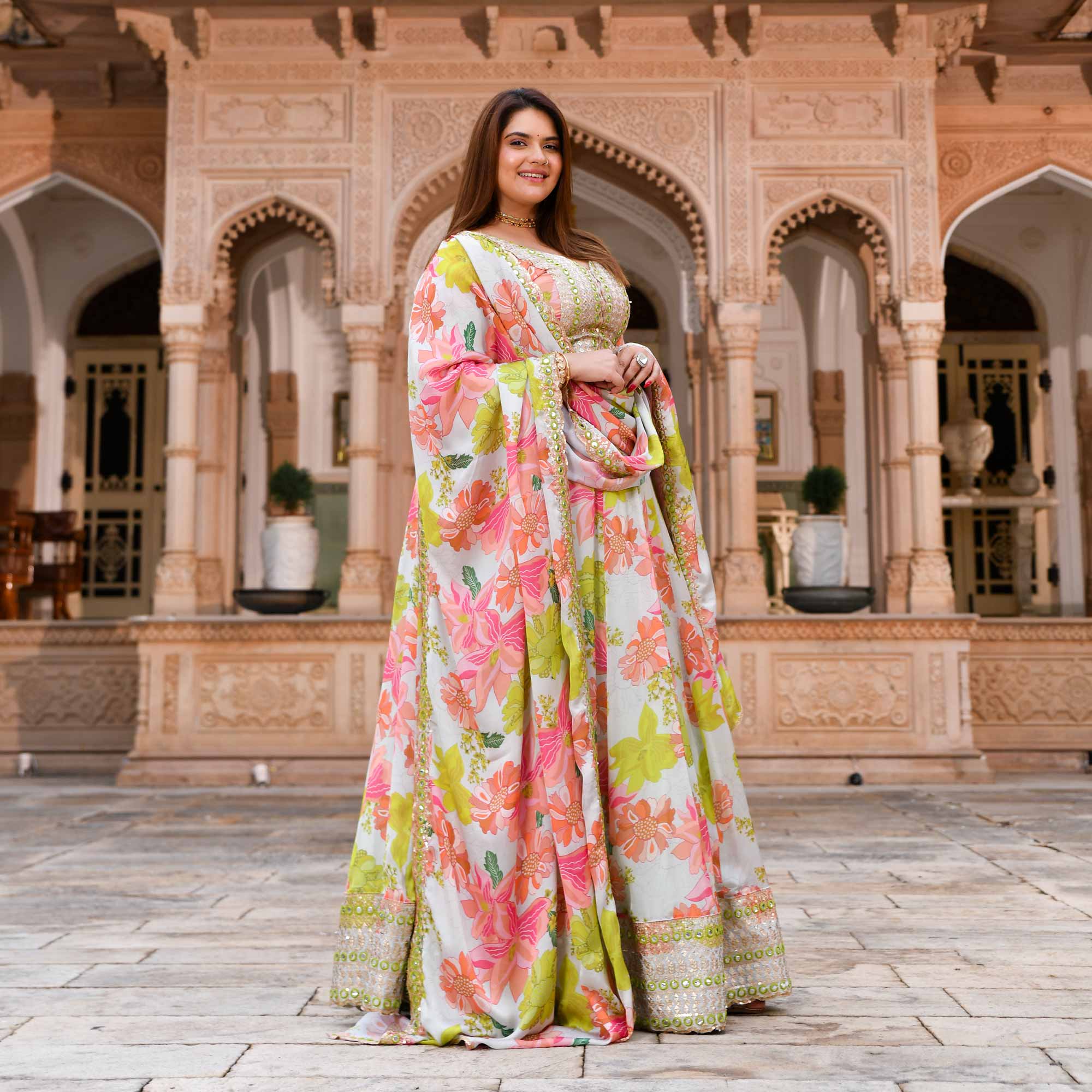Dewy Blooms Floral Satin Embroidered Lehenga Set Dewy Blooms Floral Satin Embroidered Lehenga Set