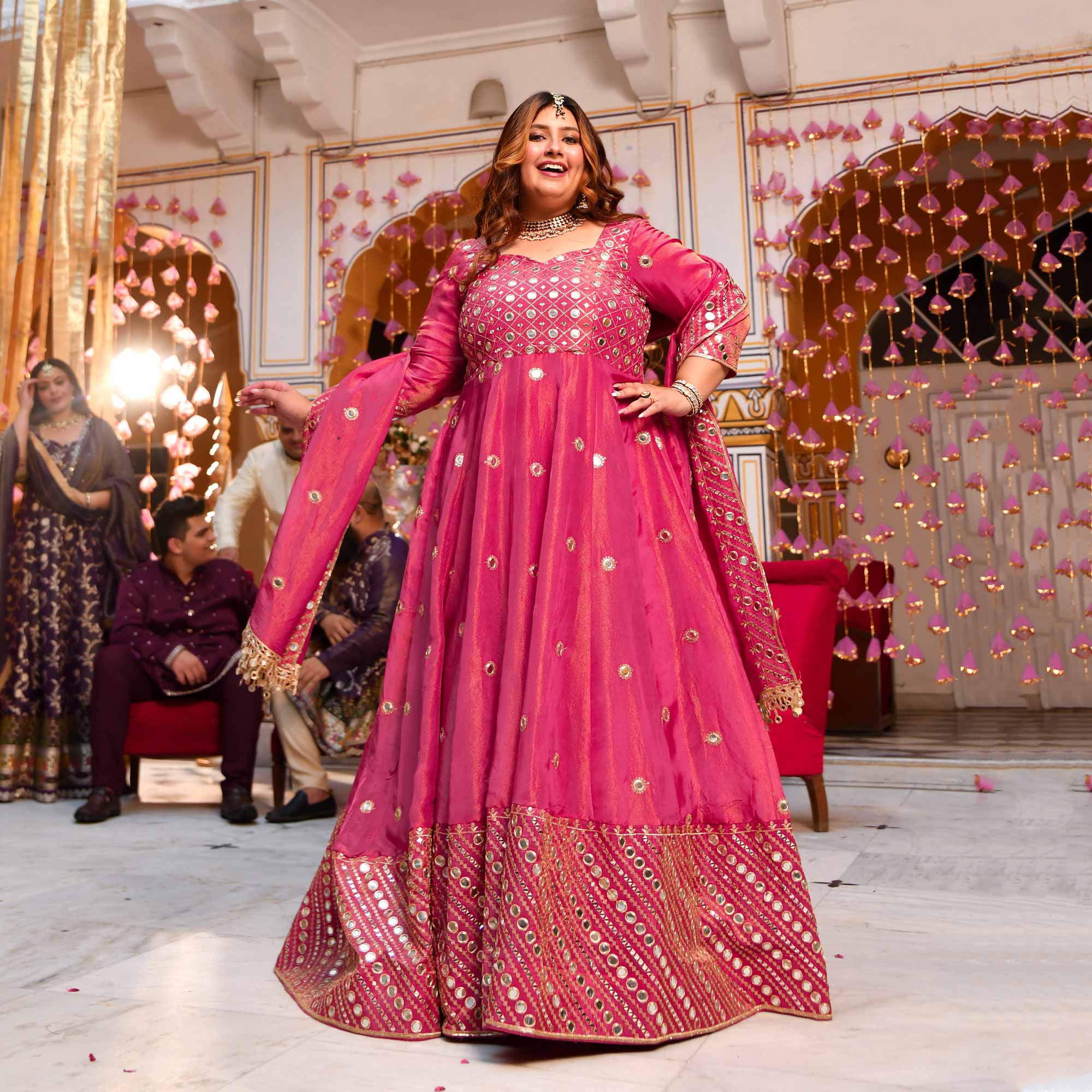Dazzling Peony -Deep Pink Pure Tissue Silk Embroidered Anarkali Set Dazzling Peony -Deep Pink Pure Tissue Silk Embroidered Anarkali Set