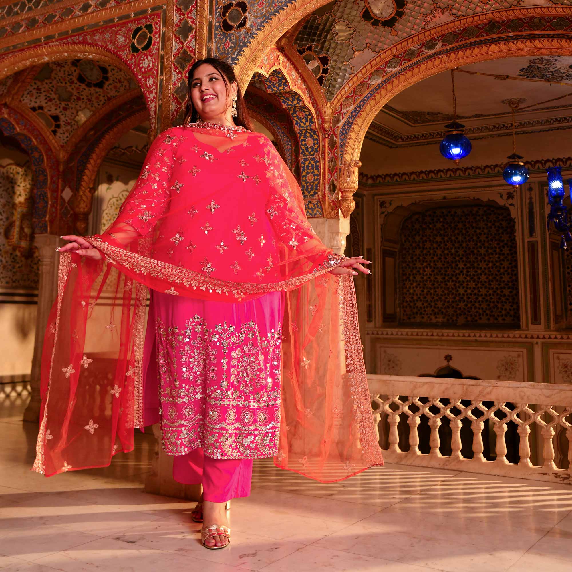 Pink Flame Mirror Embroidered Pure Georgette Suit Set