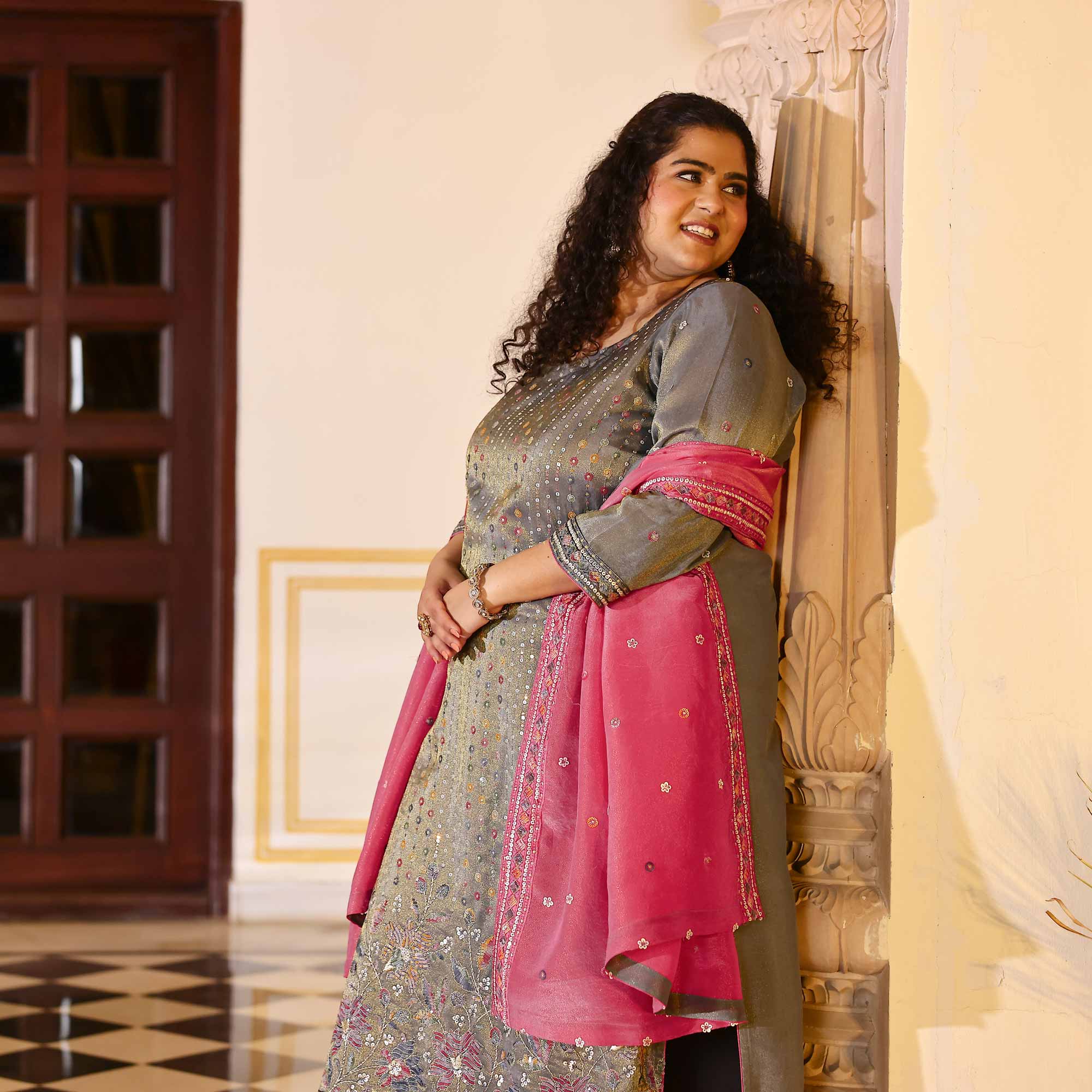 Grey Grace & Rose Sequin Embroidered Tissue Silk Suit Set