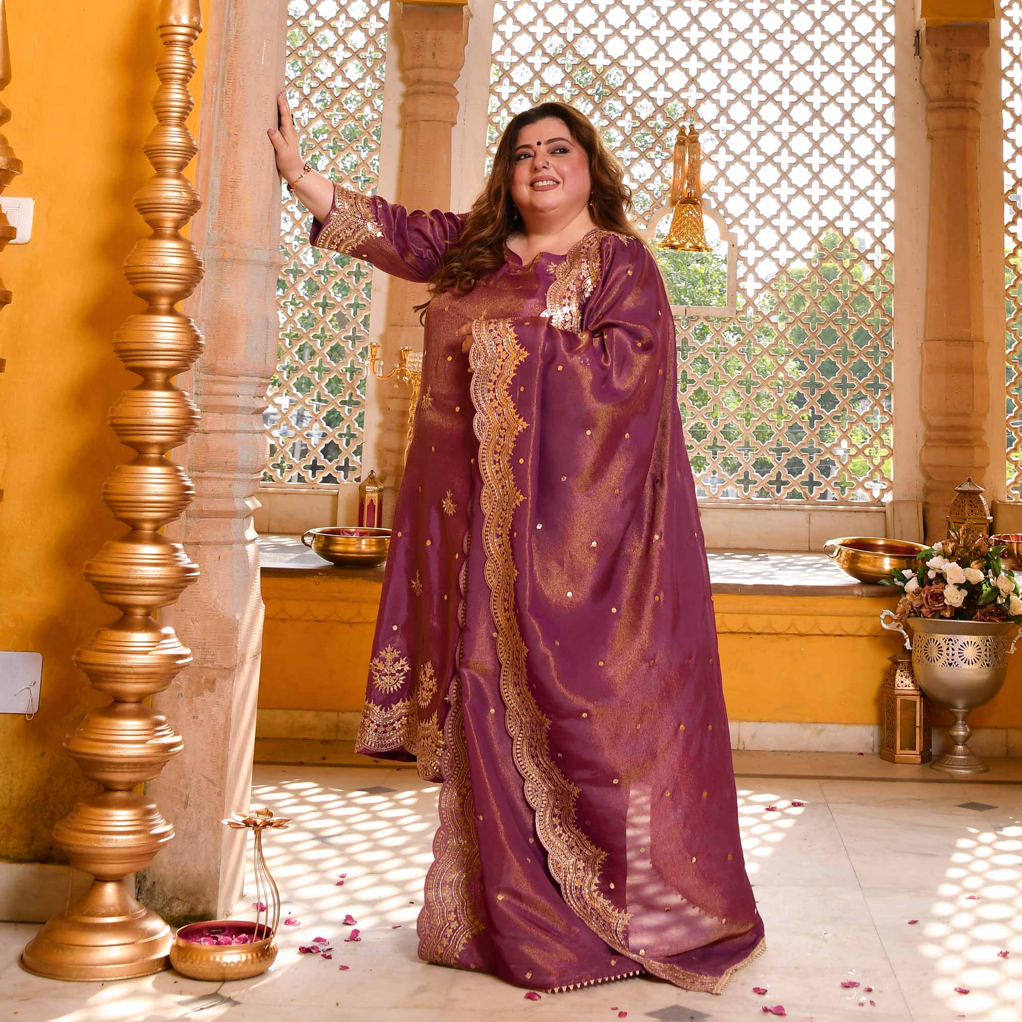 Berry Divine-Purple Pure Tissue Silk Embroidered Suit Set