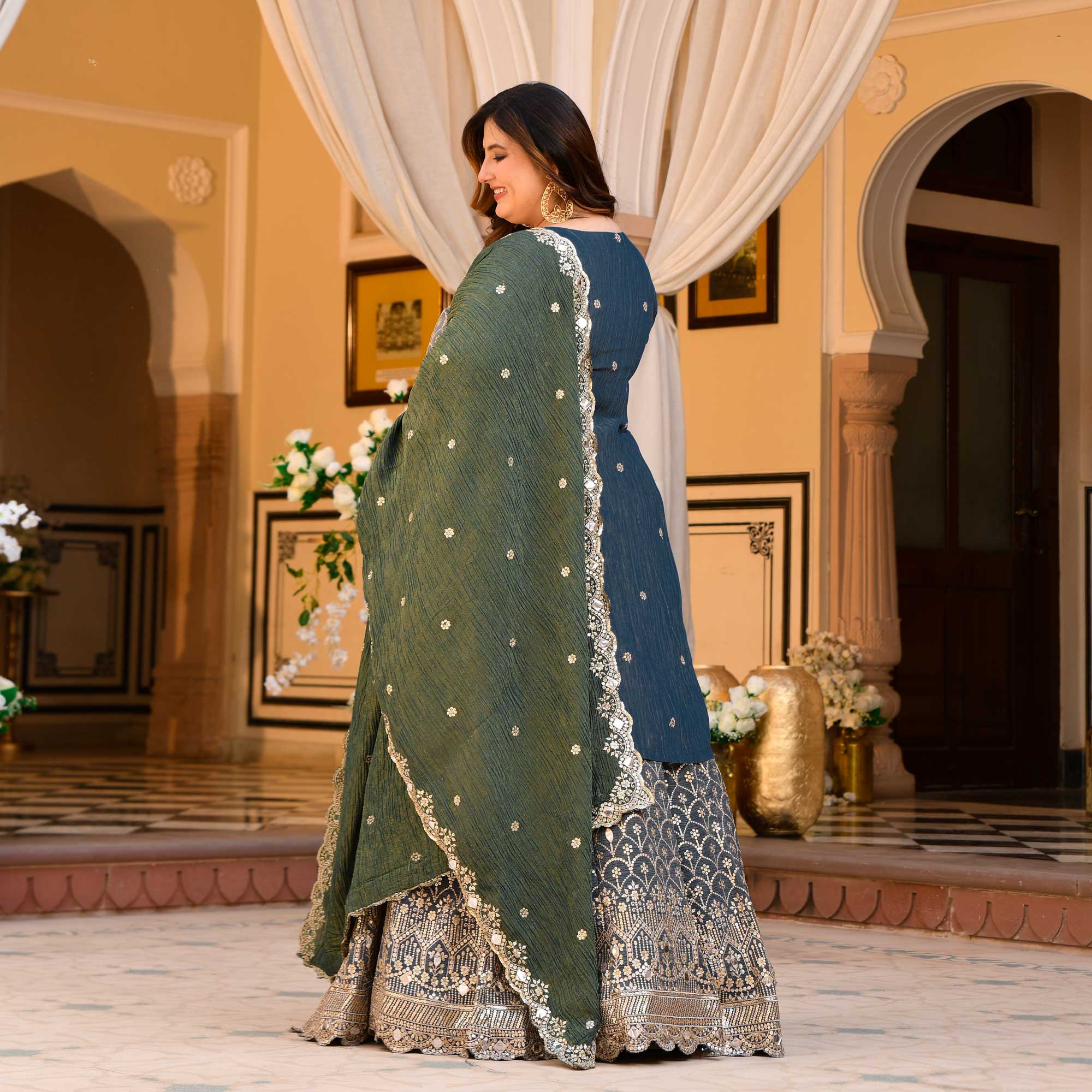 Leela - Slate Grey & Limed Ash Crushed Sequin Embroidered Pure Tissue Silk Skirt Set