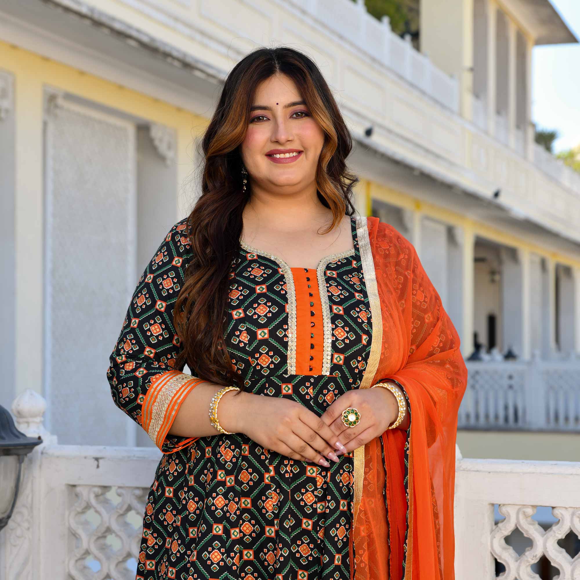 Madhuban- Patola Black with Orange Anarkali Madhuban- Patola Black with Orange Anarkali