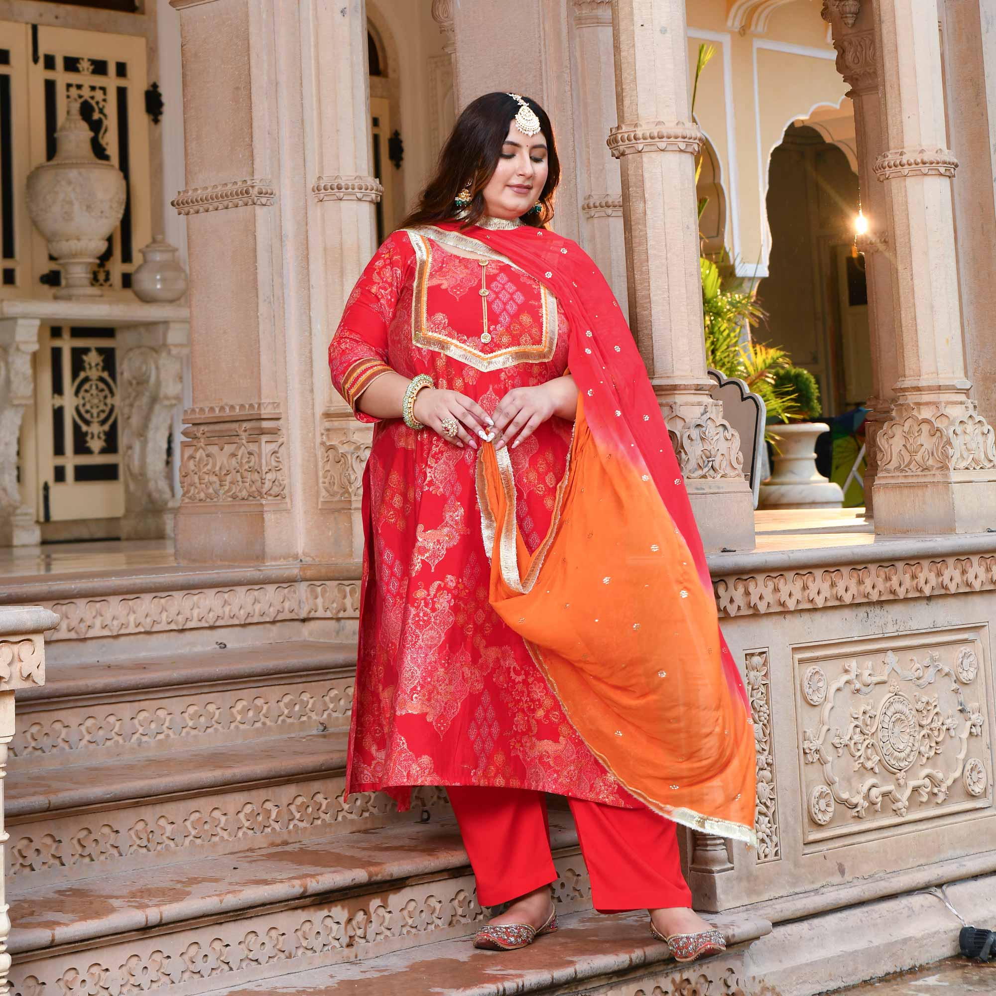 Red & Gold Printed Rayon Suit Set