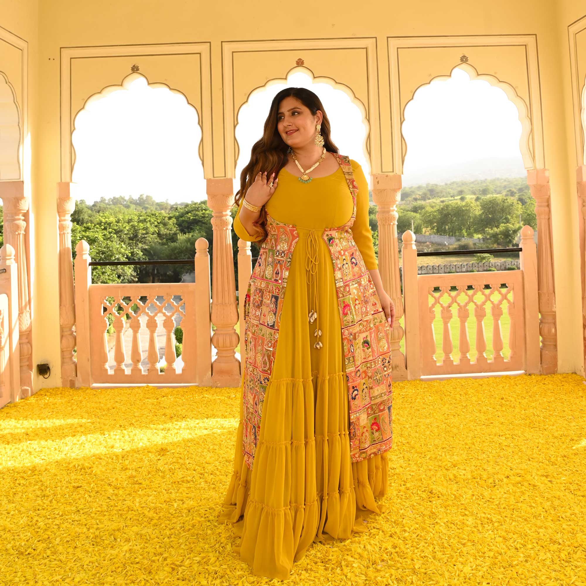 Royal Glow Tiered Dress With Embroidered Cape Royal Glow Tiered Dress With Embroidered Cape