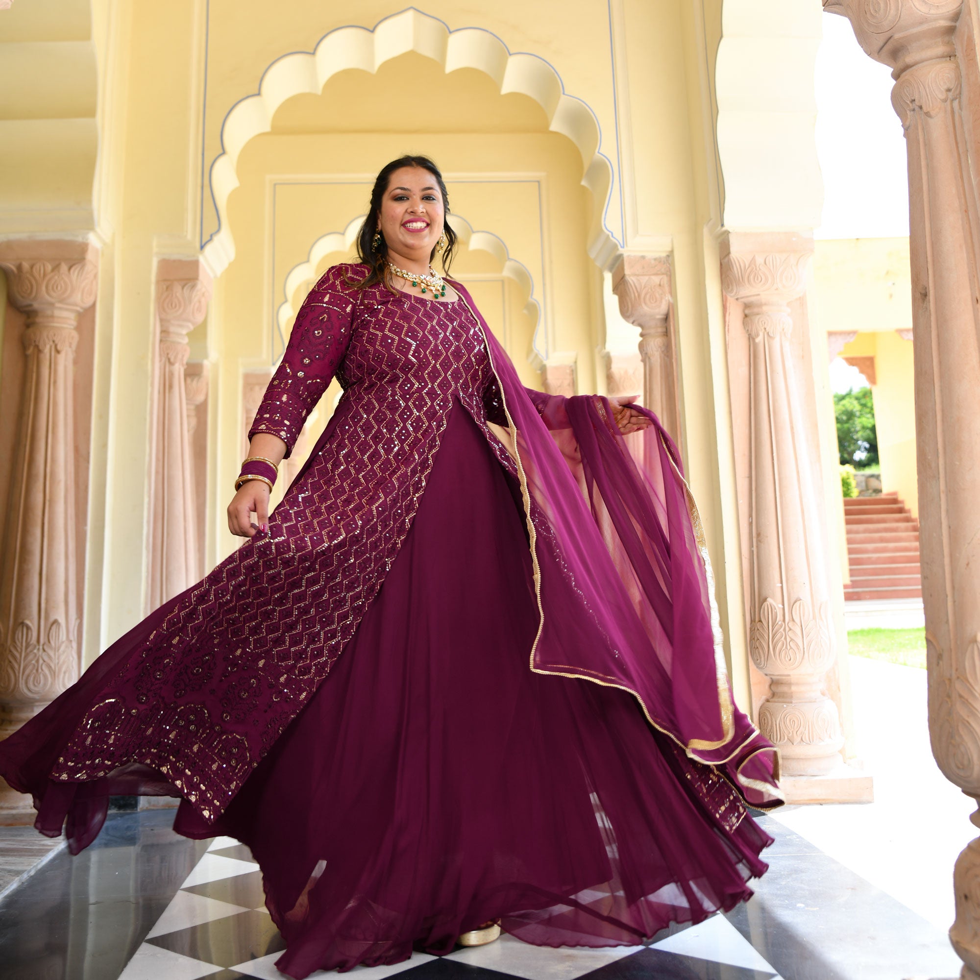 Wine Thread Embroidered Georgette Anarkali Dress Wine Thread Embroidered Georgette Anarkali Dress