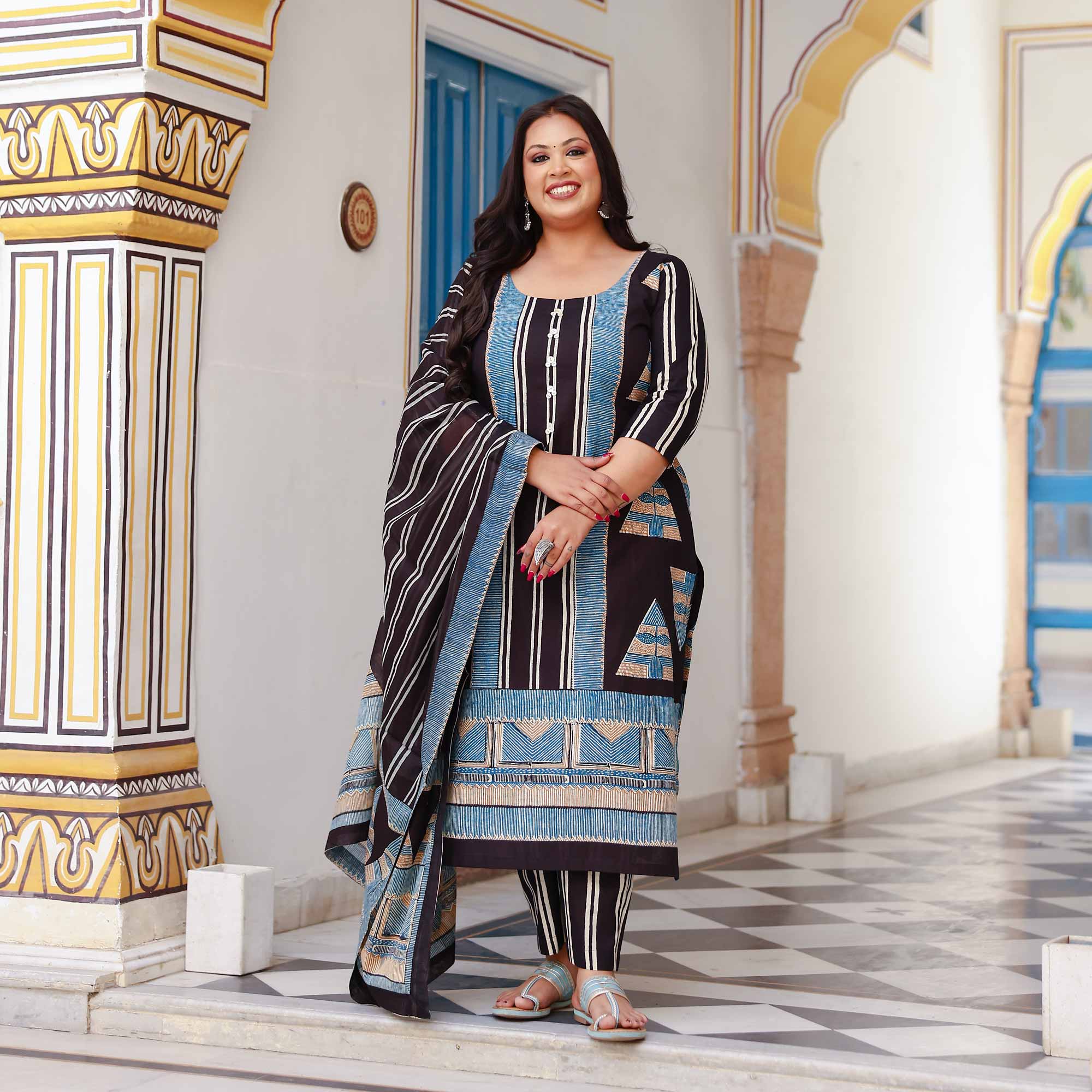 Black Ink & Azure Triangle Ajrakh Cotton Suit Set Black Ink & Azure Triangle Ajrakh Cotton Suit Set