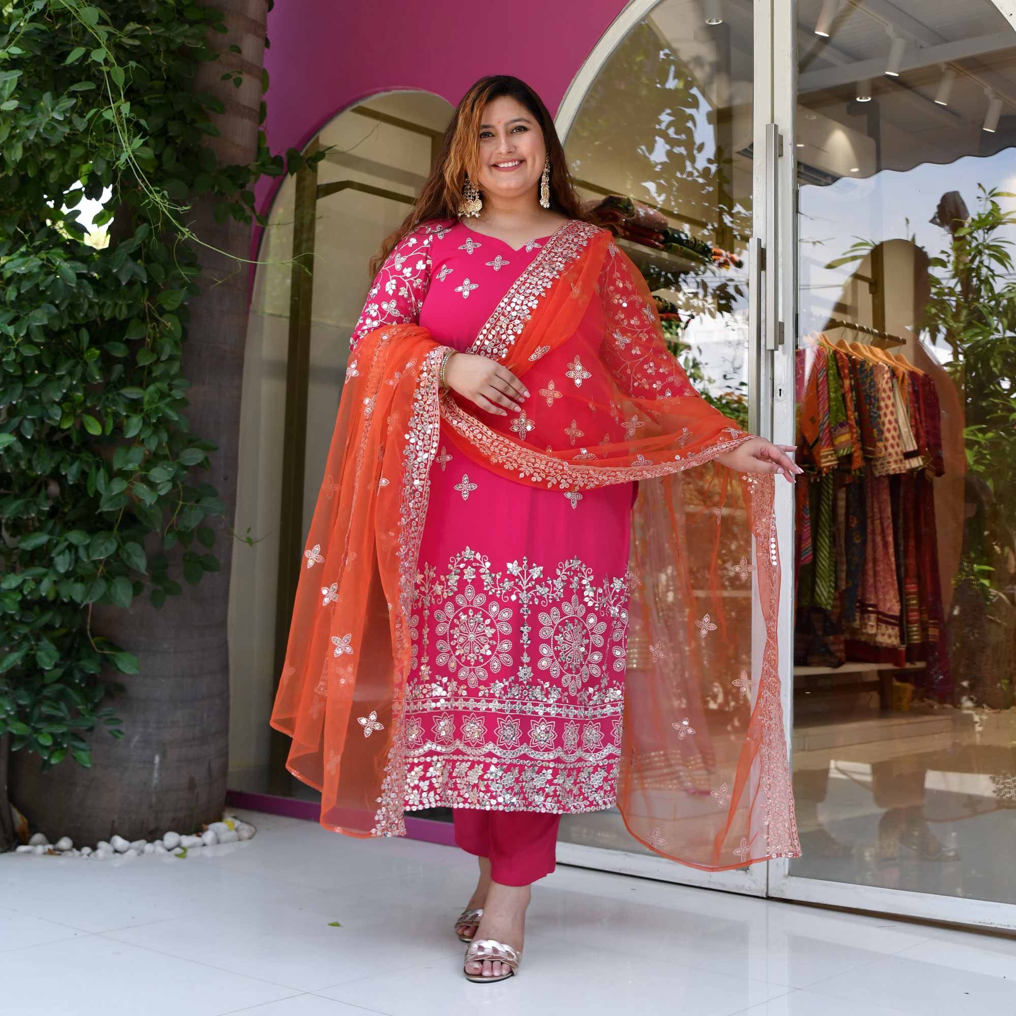 Pink Flame Mirror Embroidered Pure Georgette Suit Set