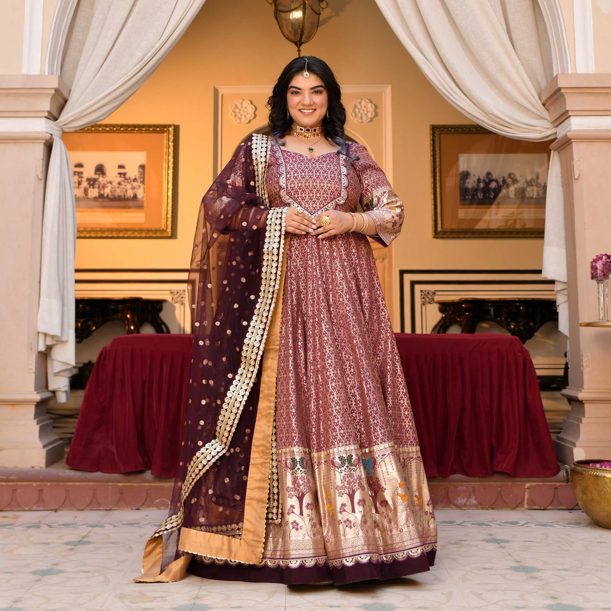 Arunima - Deep Wine Banarasi Silk Anarkali Set Arunima - Deep Wine Banarasi Silk Anarkali Set