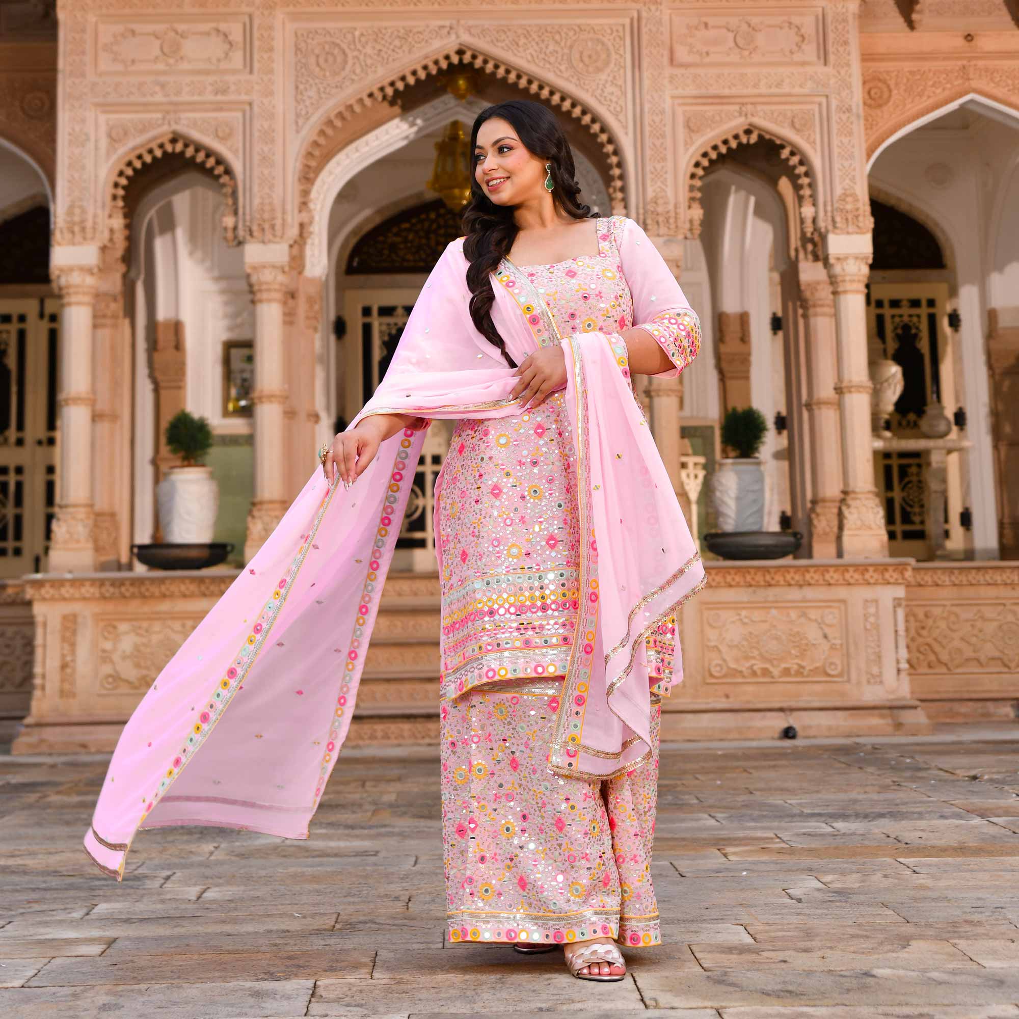 Jewel On Pink Georgette Mirror Embroidered Suit Set