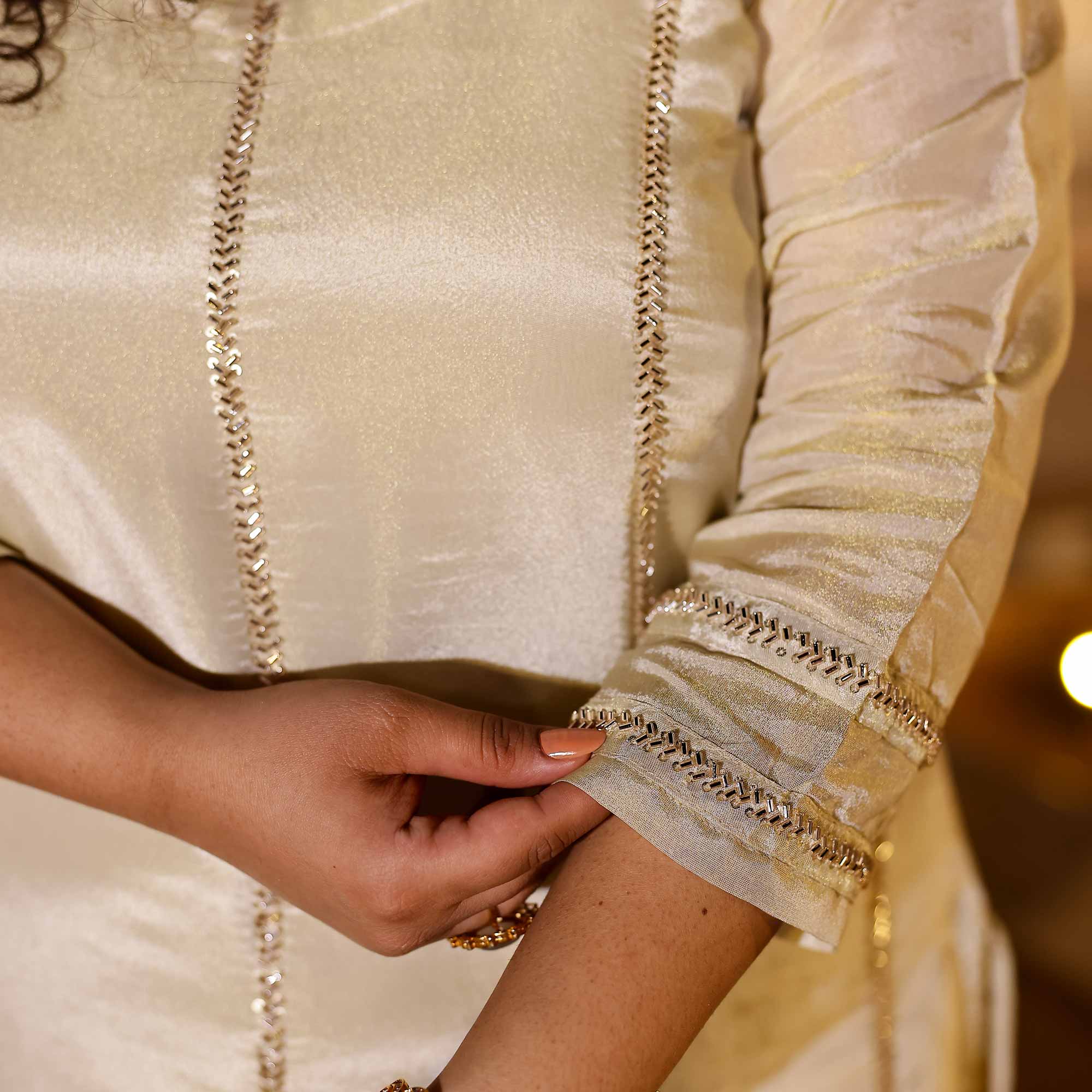 MOHANA Off-White & Gold Cutdana Embroidered Pure Tissue Silk Kurta