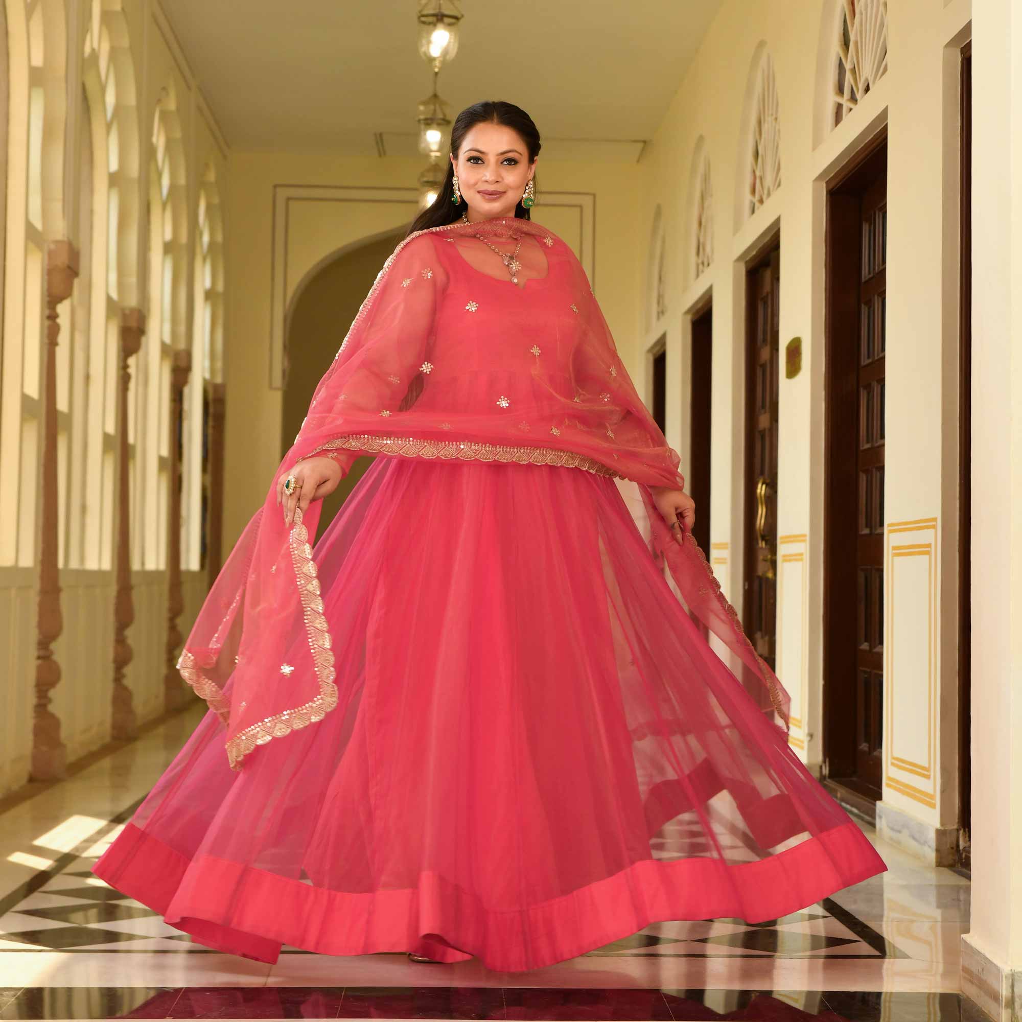 Coral Crush Glam Tissue Net Anarkali Set Coral Crush Glam Tissue Net Anarkali Set