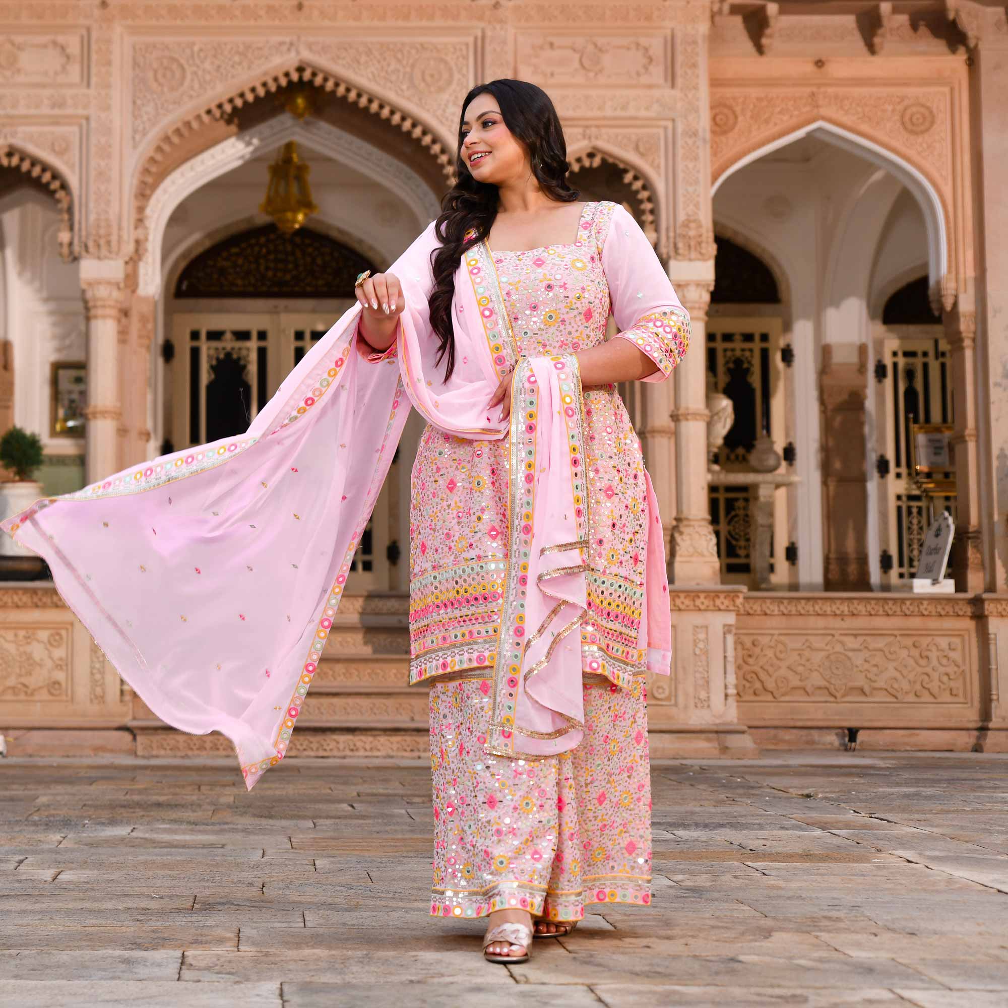 Jewel On Pink Georgette Mirror Embroidered Suit Set