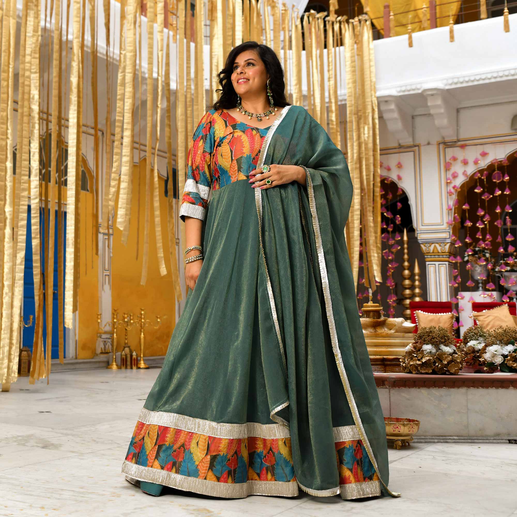 Forest Dew-Sage green Tissue Silk Anarkali Set Forest Dew-Sage green Tissue Silk Anarkali Set