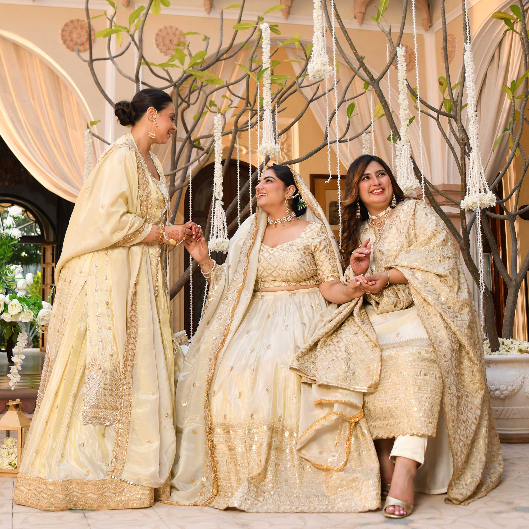 SAHIBA - Ivory & Gold Sequin Embroidered Pure Tissue Silk Suit Set