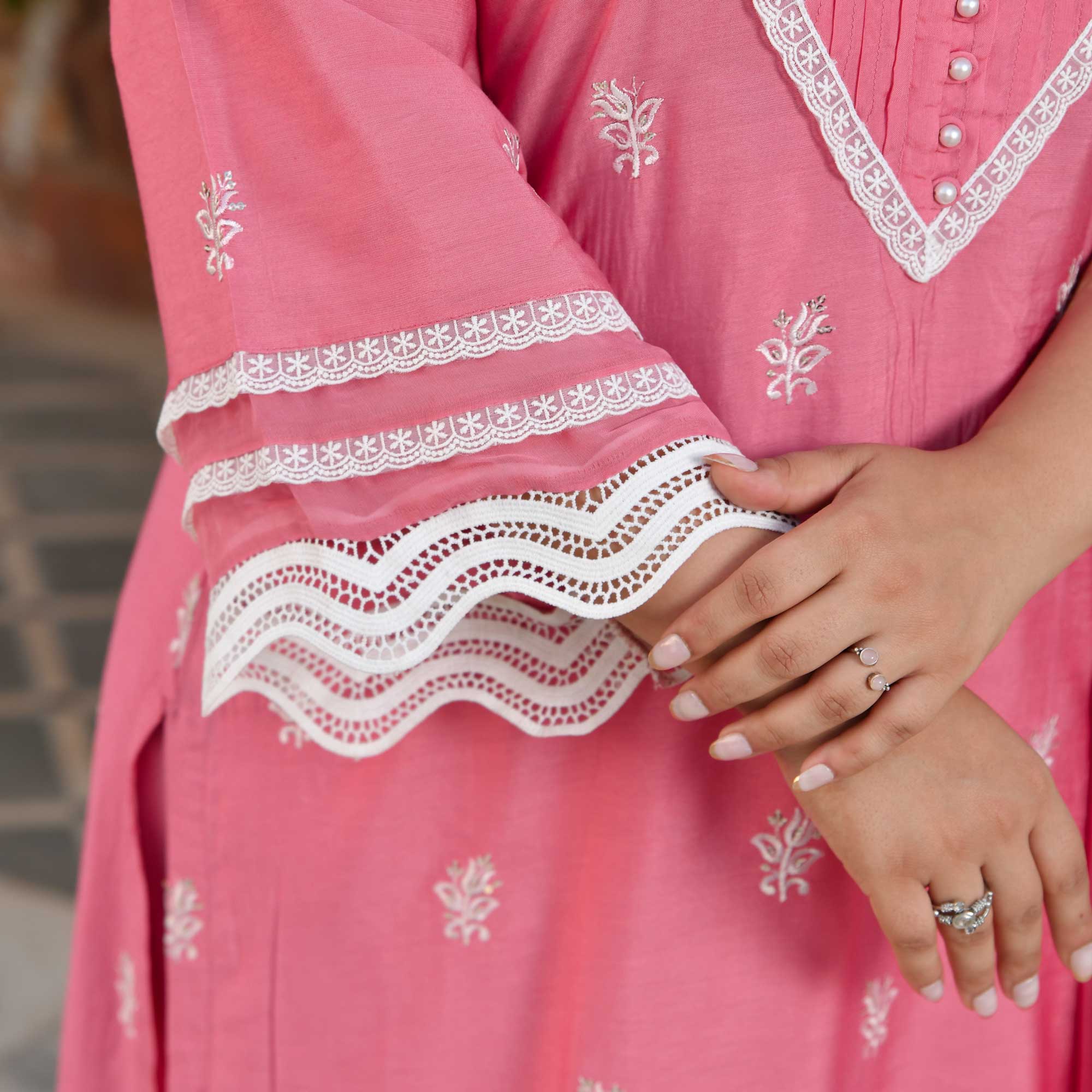 Cadillac Pink Thread Embroidered Muslin Suit Set