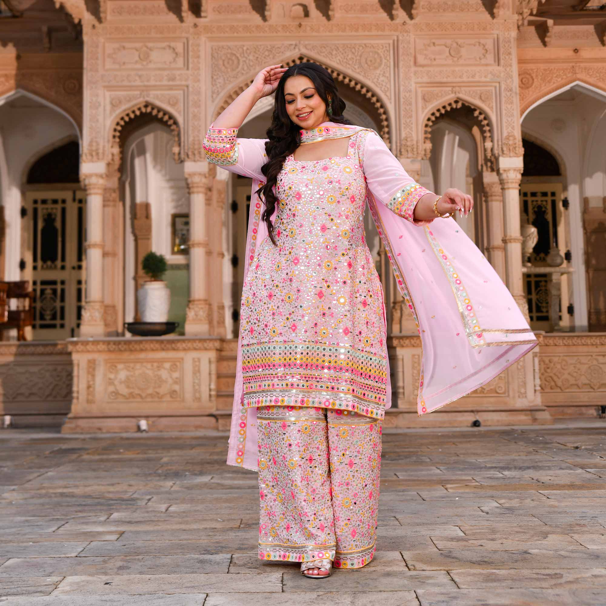 Jewel On Pink Georgette Mirror Embroidered Suit Set