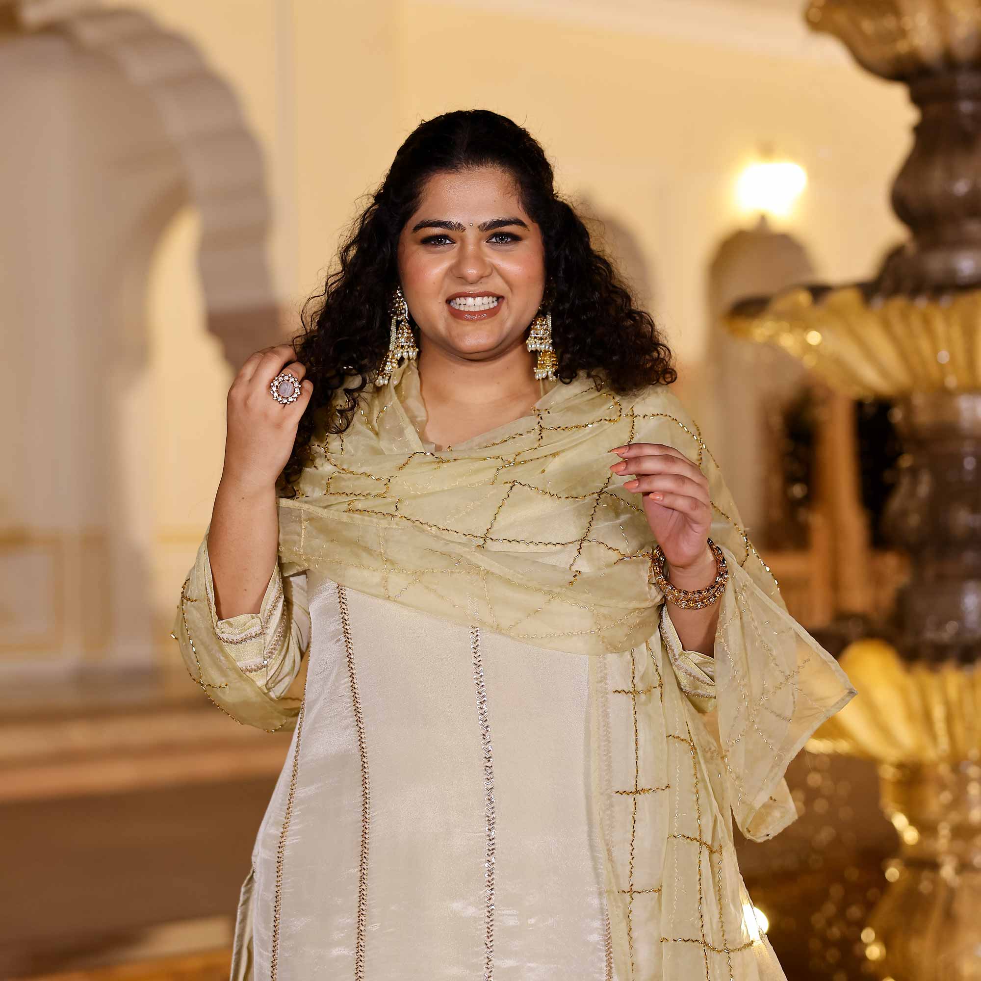 MOHANA Off-White & Gold Cutdana Embroidered Pure Tissue Silk Kurta