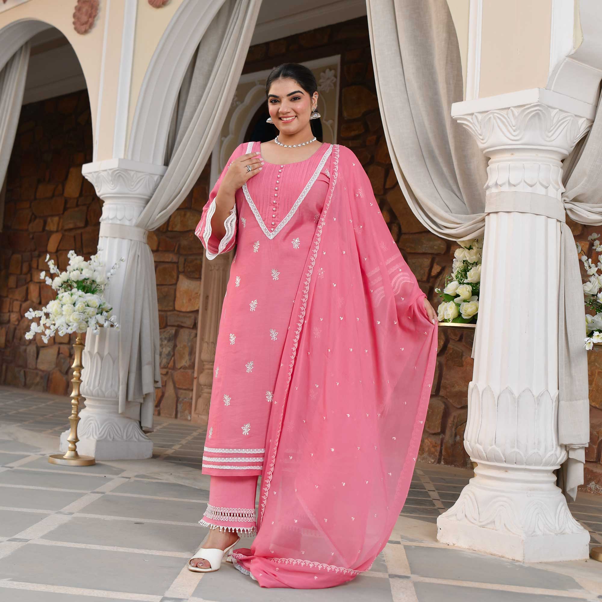 Cadillac Pink Thread Embroidered Muslin Suit Set