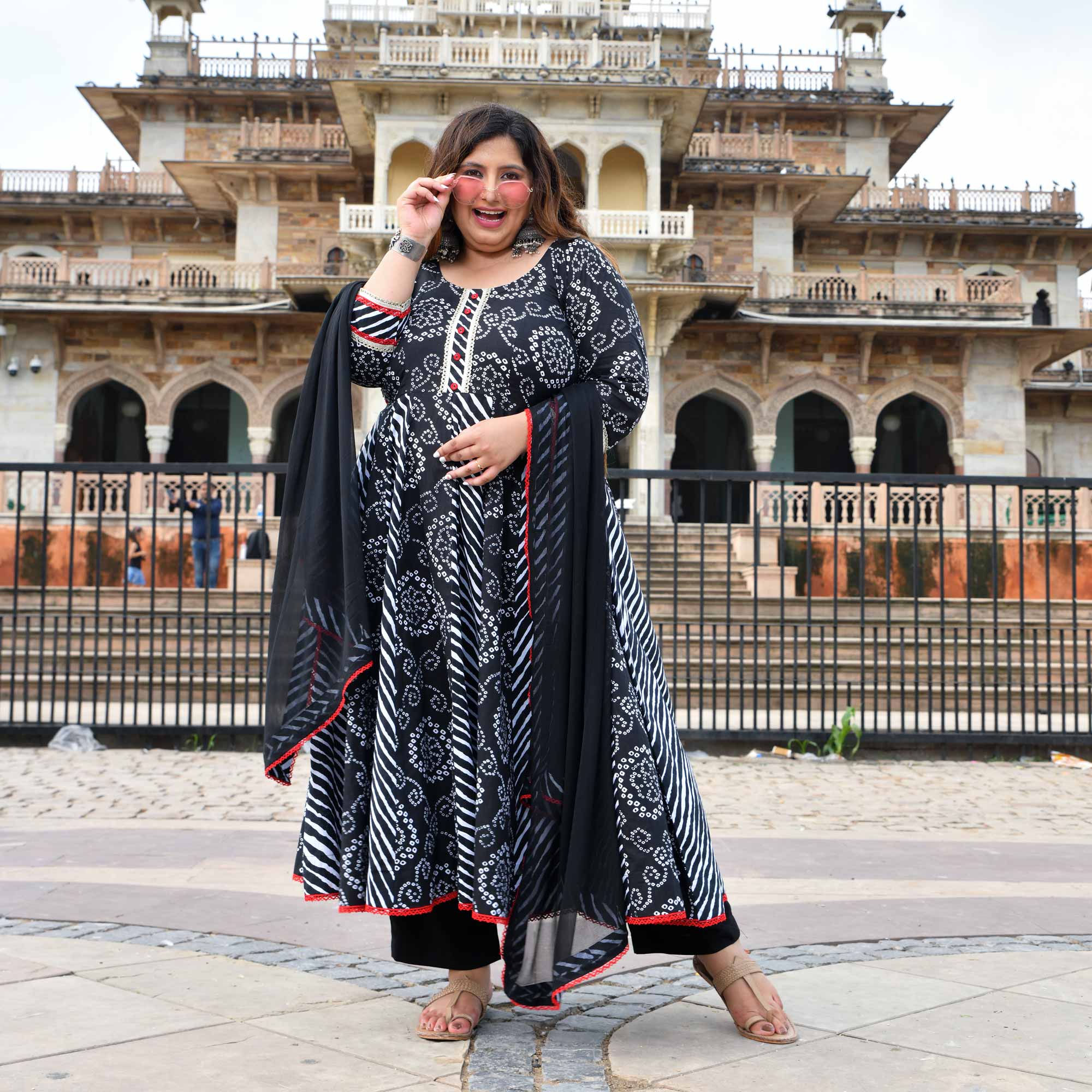 Rani in Black Bandhani Cotton Anarkali Set