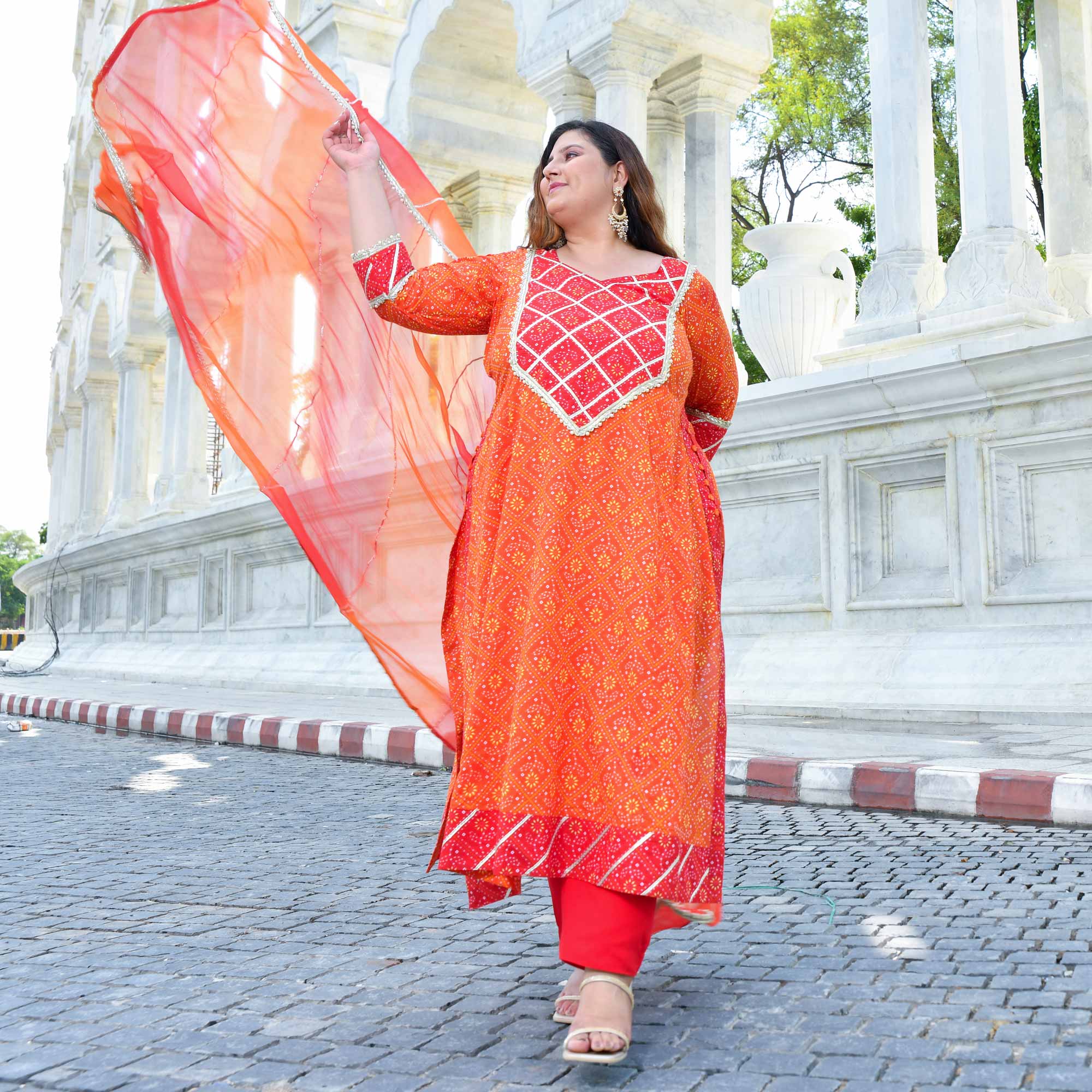 Rangrez - Red & Orange Bandhani Gota Cotton Aline Kurta