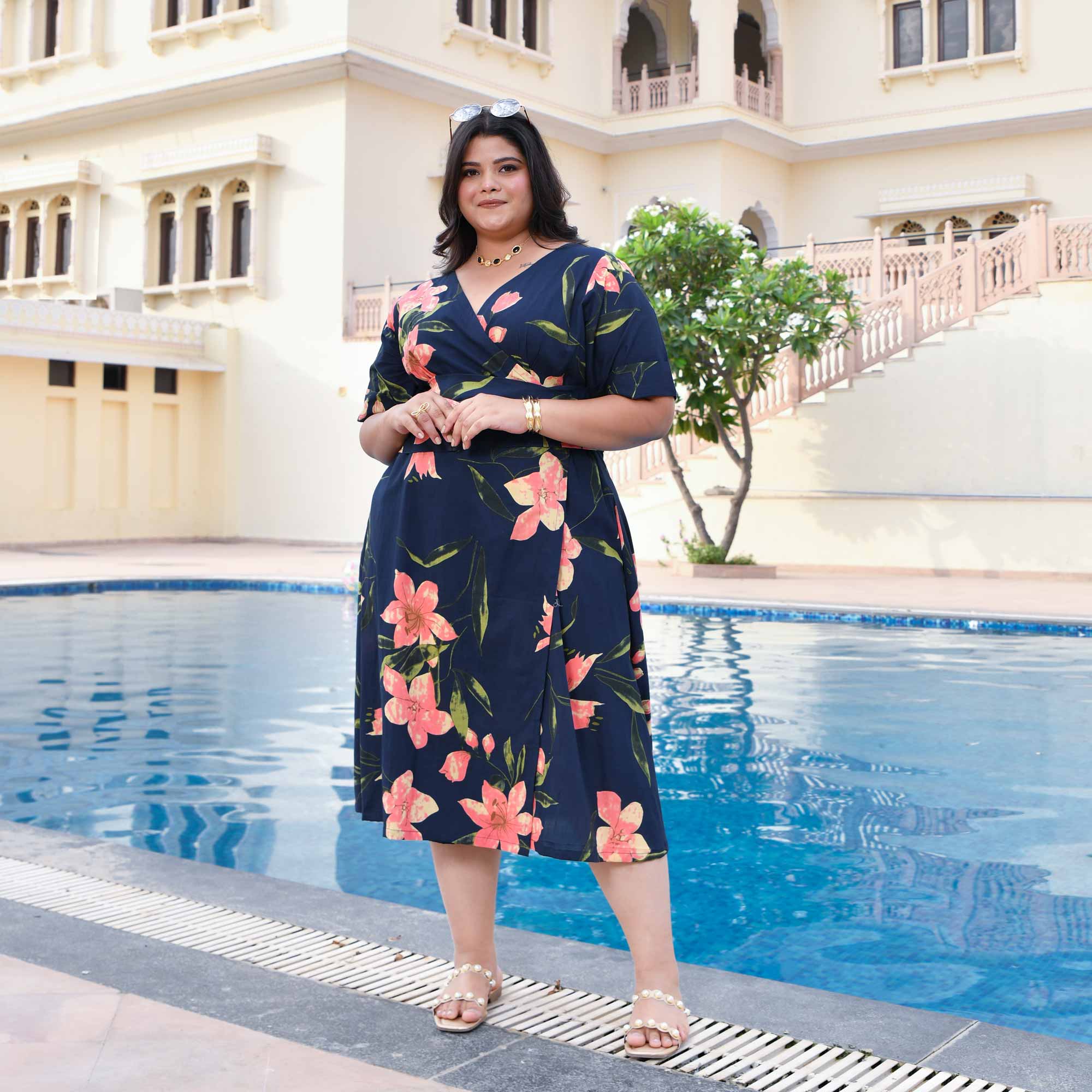 Navy And Peach Petal Delight Cotton Wrap Dress Navy And Peach Petal Delight Cotton Wrap Dress