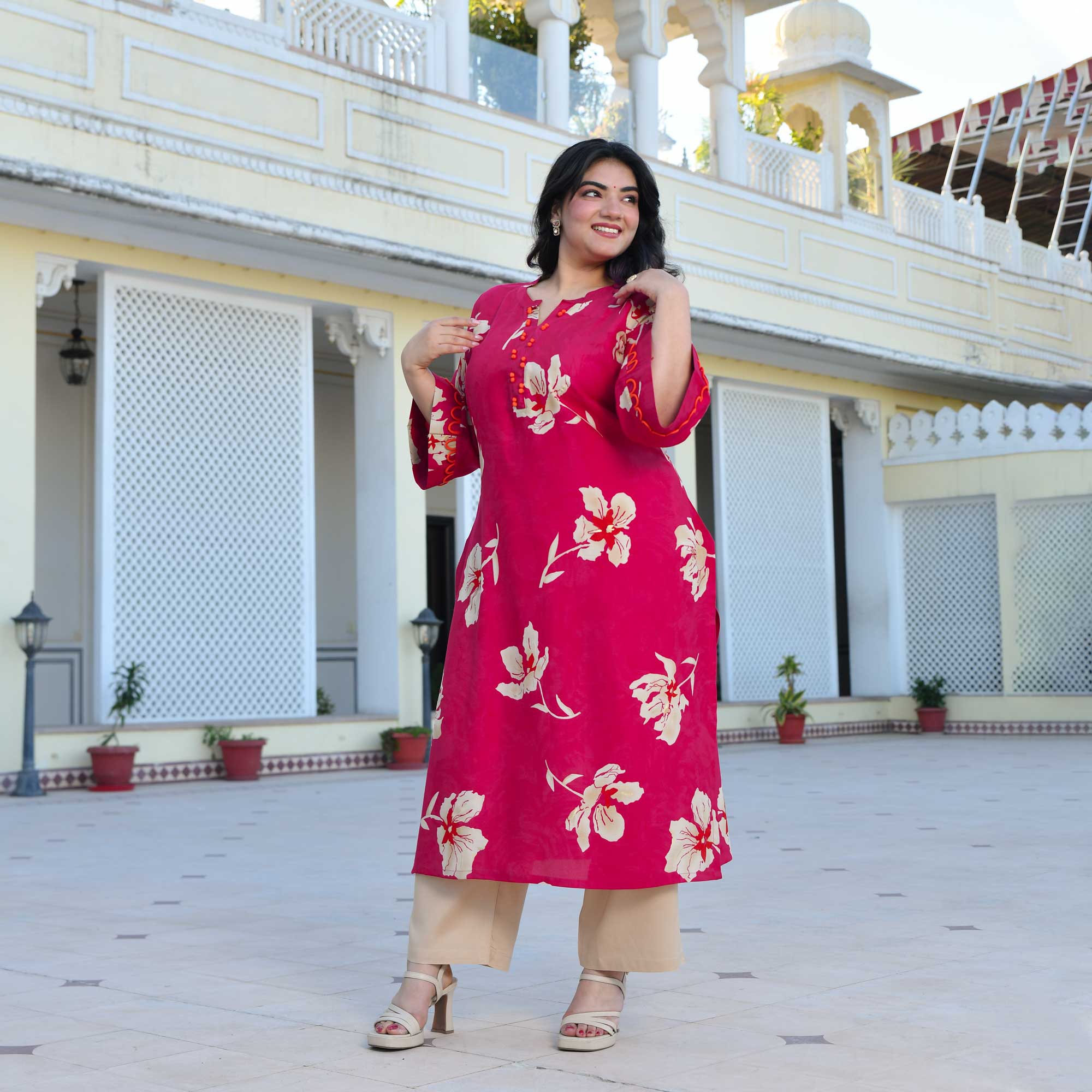Camellia- Deep Pink Floral Print Rayon Kurta Camellia- Deep Pink Floral Print Rayon Kurta