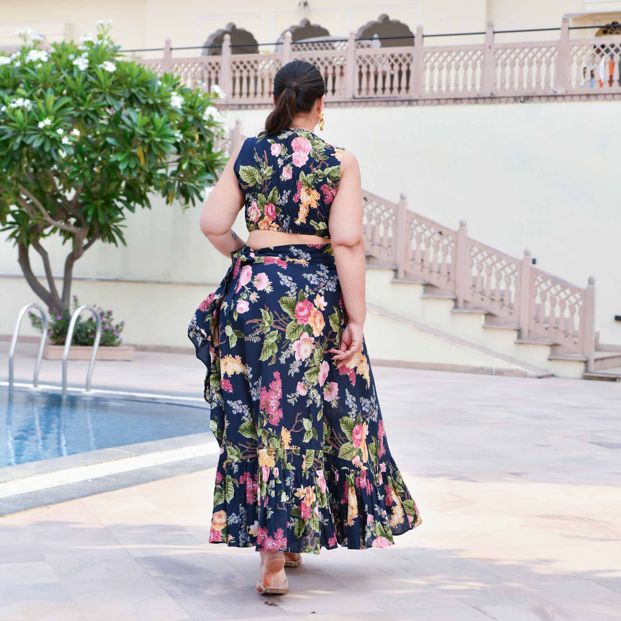 Evening Rose Cotton Wrap Skirt Top Set (Blue)