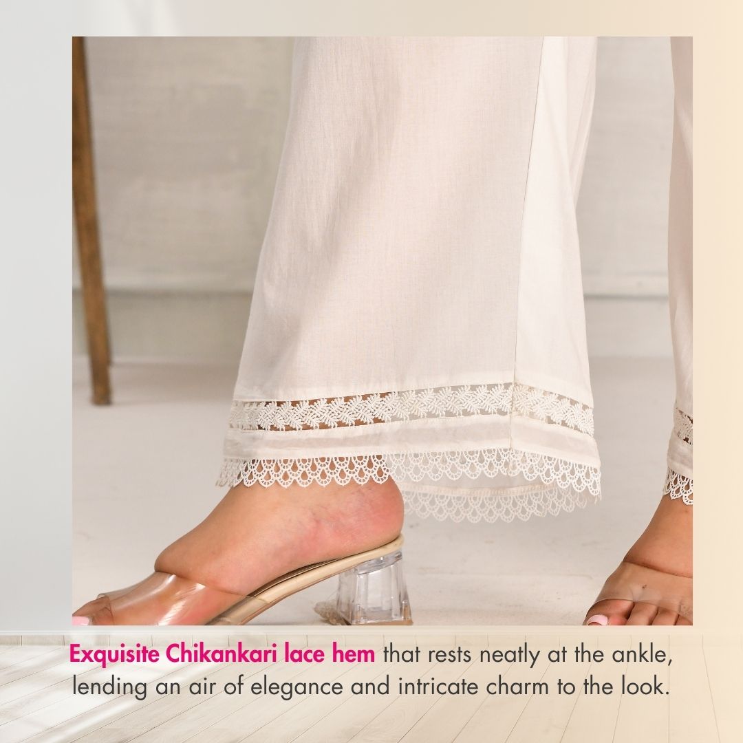 Mogra- White Pure Cotton Straight Fit Chikan Laced Pants Mogra- White Pure Cotton Straight Fit Chikan Laced Pants