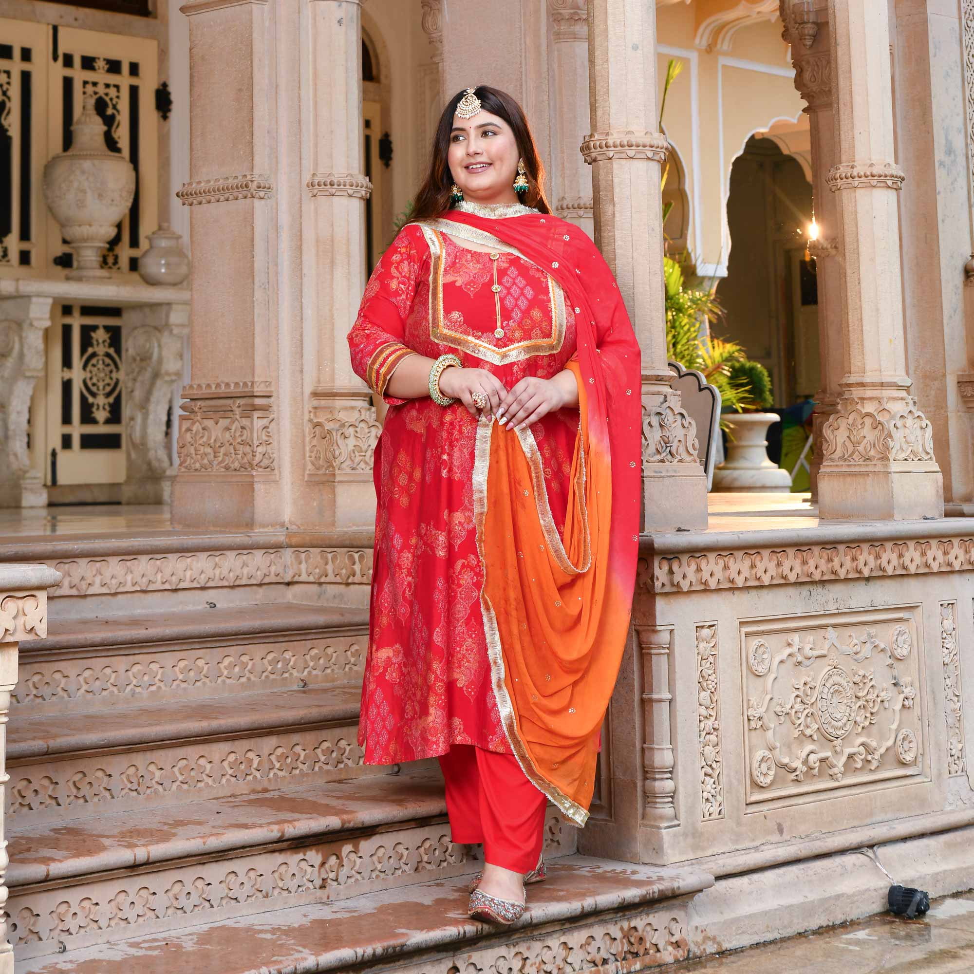Red & Gold Printed Rayon Kurta