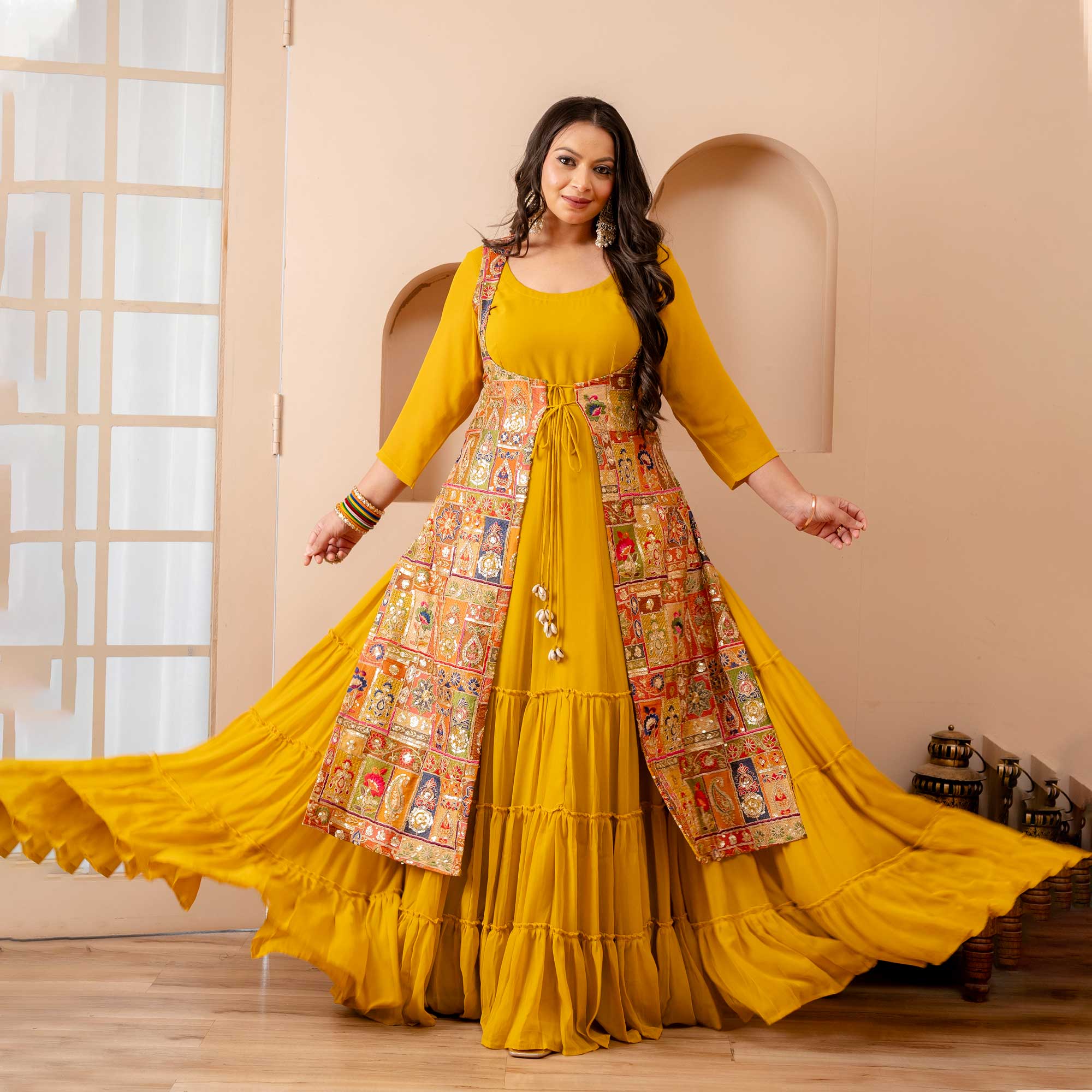 Royal Glow Tiered Dress With Embroidered Cape Royal Glow Tiered Dress With Embroidered Cape