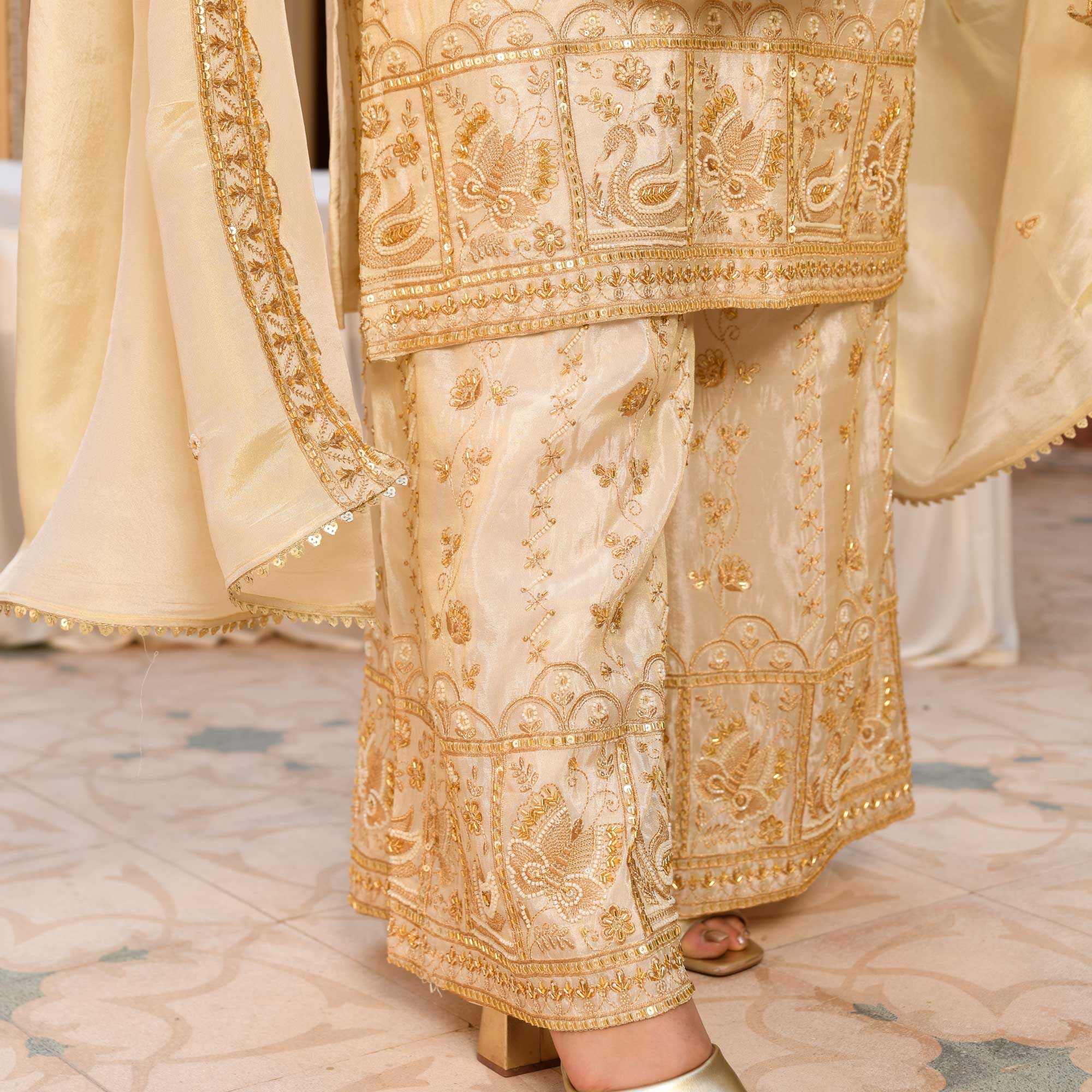 KALKI - Ivory & Gold Cutdana Embroidered Pure Tissue Silk Suit Set KALKI - Ivory & Gold Cutdana Embroidered Pure Tissue Silk Suit Set