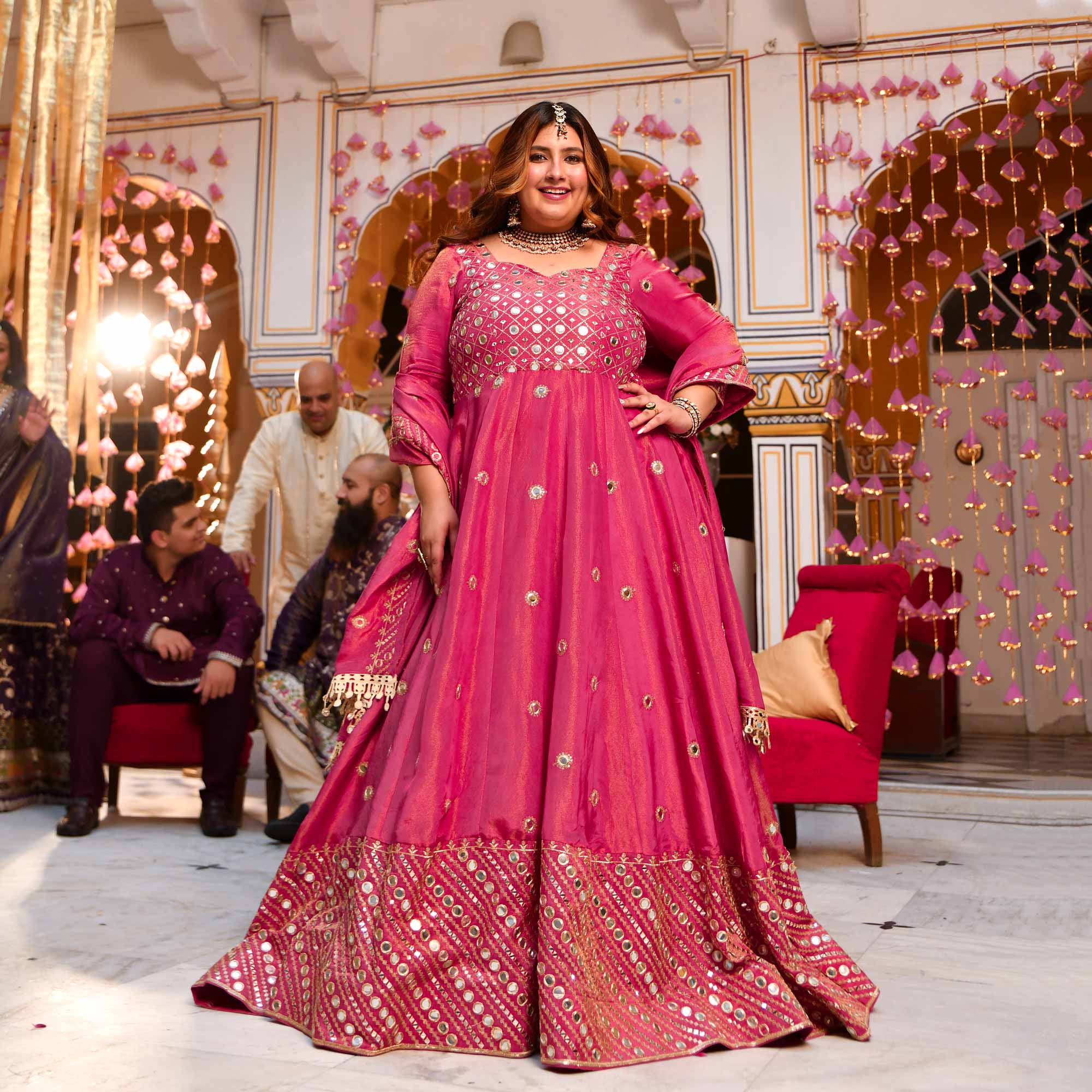Dazzling Peony -Deep Pink Pure Tissue Silk Embroidered Anarkali Set Dazzling Peony -Deep Pink Pure Tissue Silk Embroidered Anarkali Set