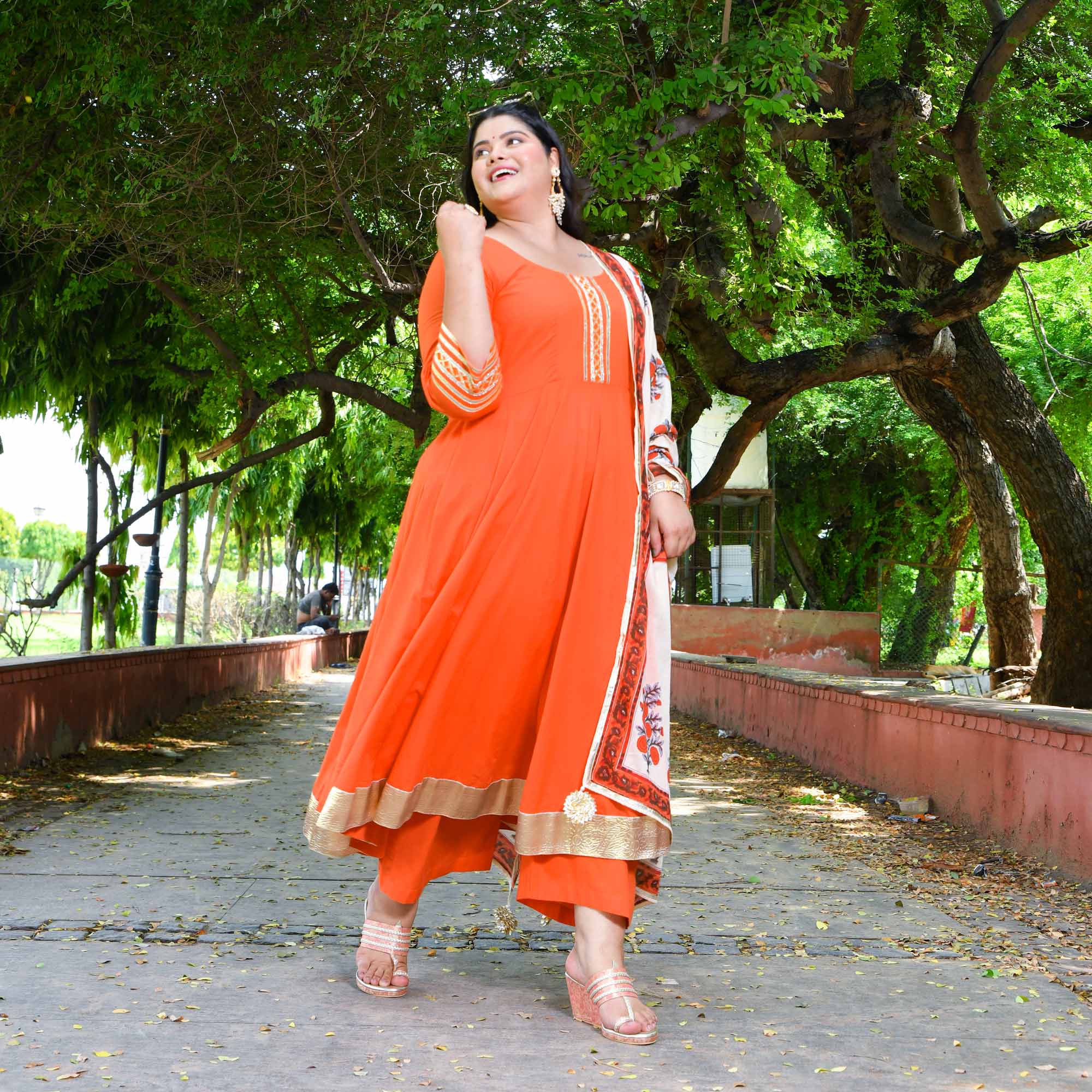 Tangerine Floral Cotton Anarkali Set Tangerine Floral Cotton Anarkali Set