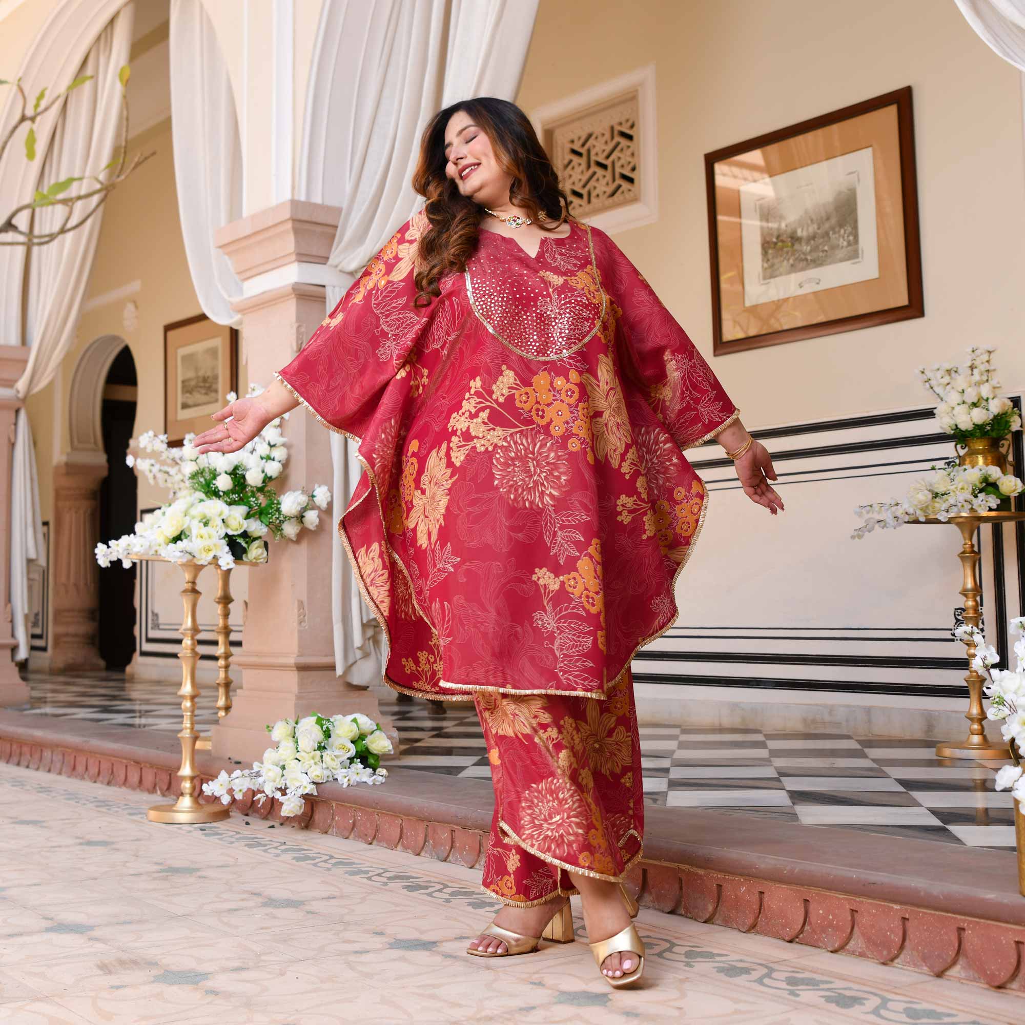 Timeless Tulips Floral Muslin Hand Embroidered Kaftan Co-ord Set Timeless Tulips Floral Muslin Hand Embroidered Kaftan Co-ord Set