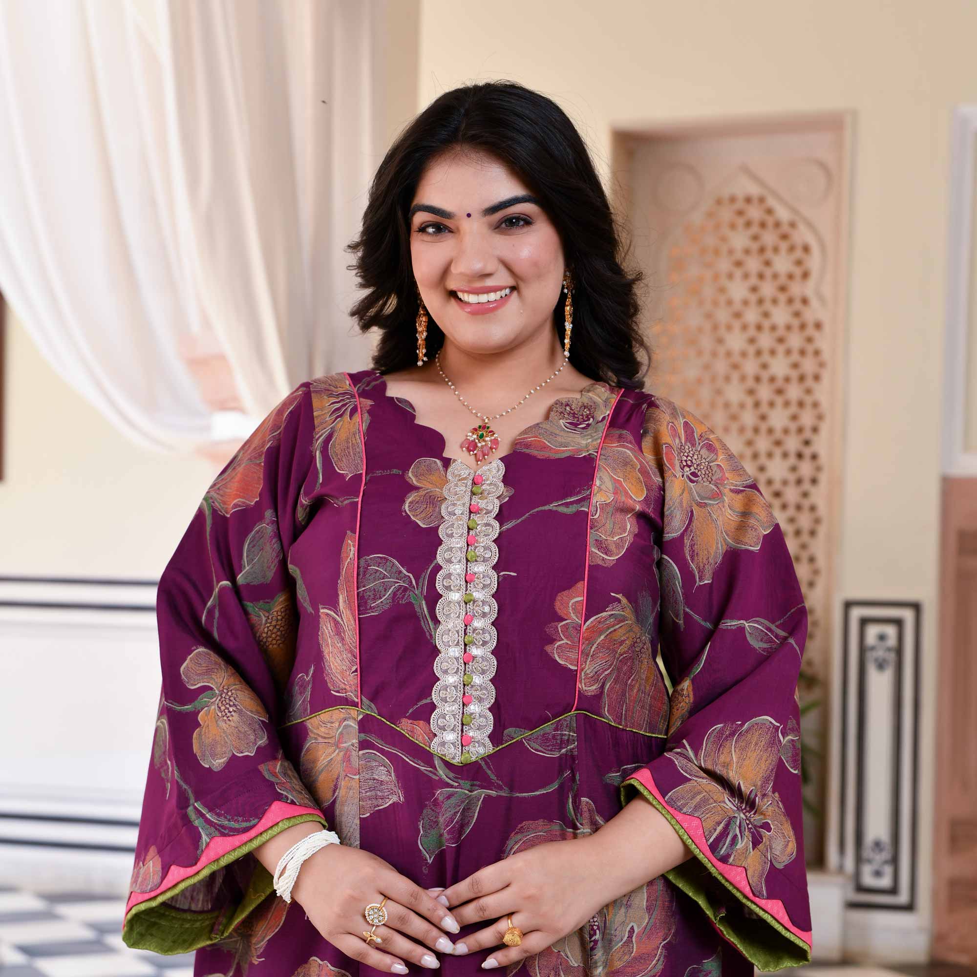 Wine Berry Floral Modal Viscose Aline Kurta Pant Set Wine Berry Floral Modal Viscose Aline Kurta Pant Set