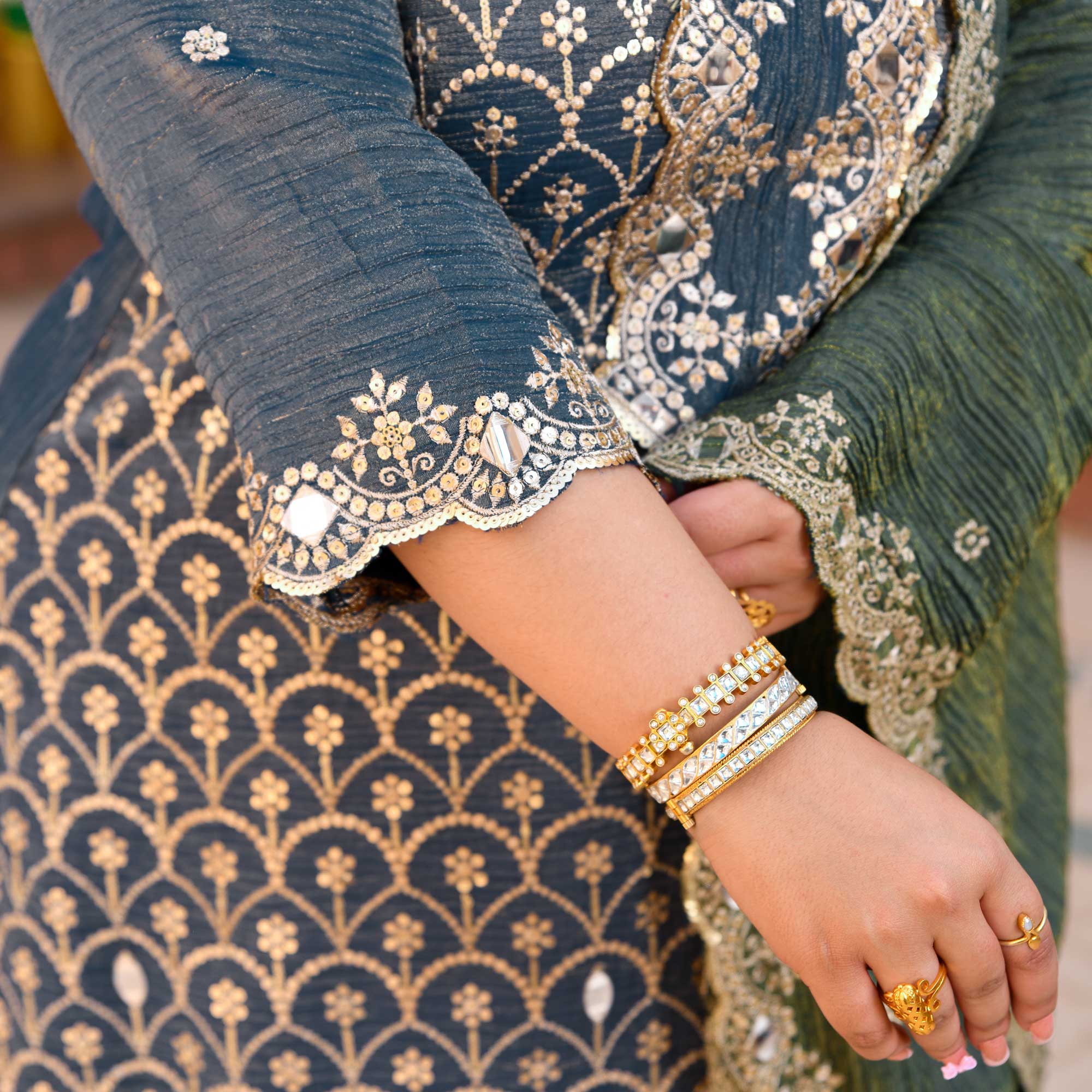 Leela - Slate Grey & Limed Ash Crushed Sequin Embroidered Pure Tissue Silk Skirt Set