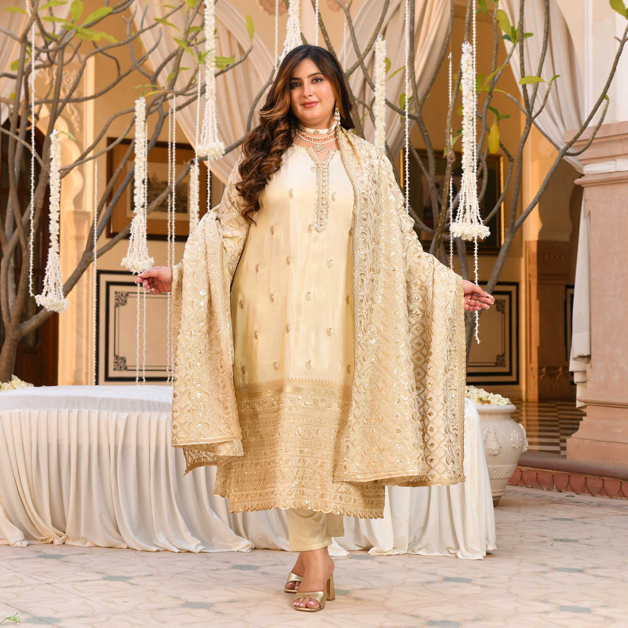 SAHIBA - Ivory & Gold Sequin Embroidered Pure Tissue Silk Suit Set