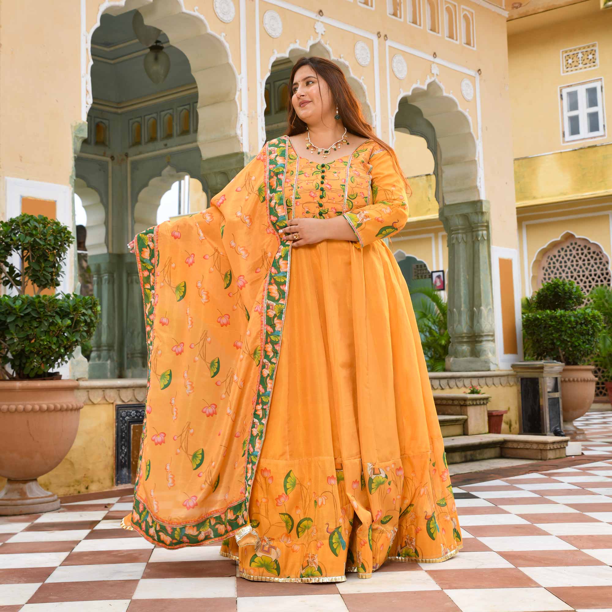 Zafrani-Mustard Yellow Tissue Silk Pichwai Printed Anarkali Set Zafrani-Mustard Yellow Tissue Silk Pichwai Printed Anarkali Set