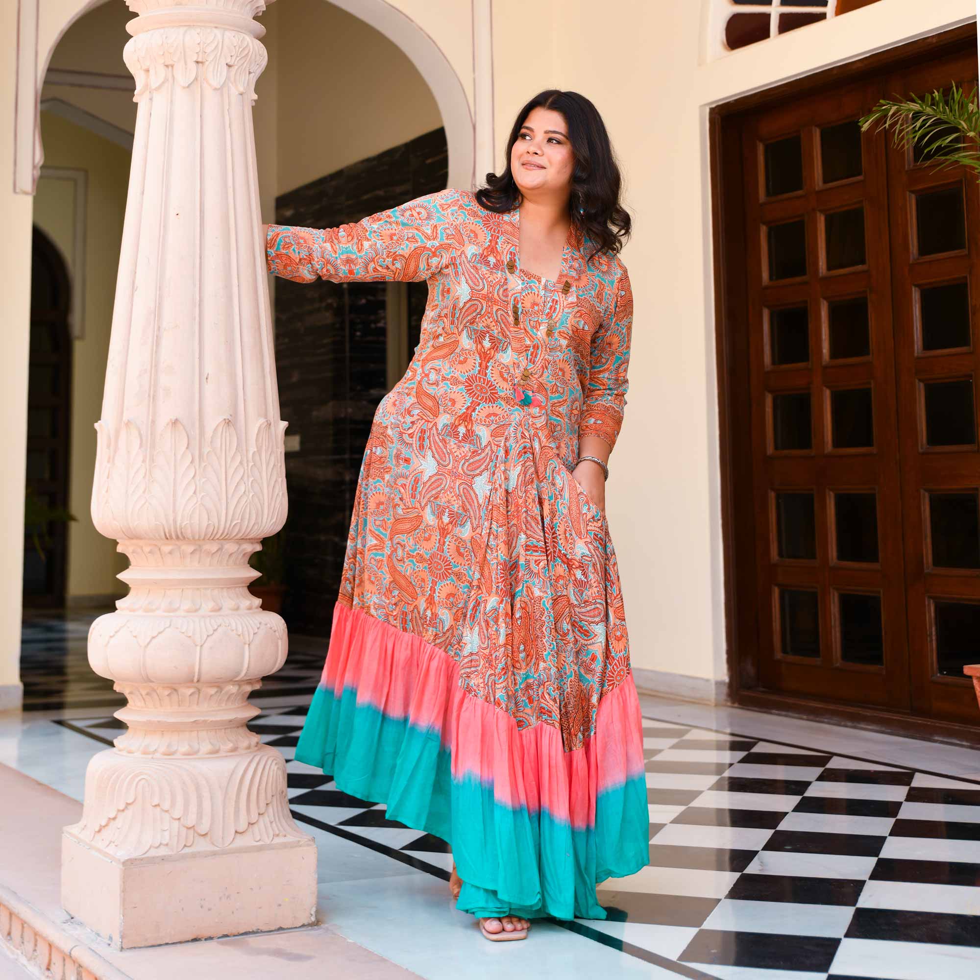 Peachy Swirl Rayon Tie-Dye Dress
