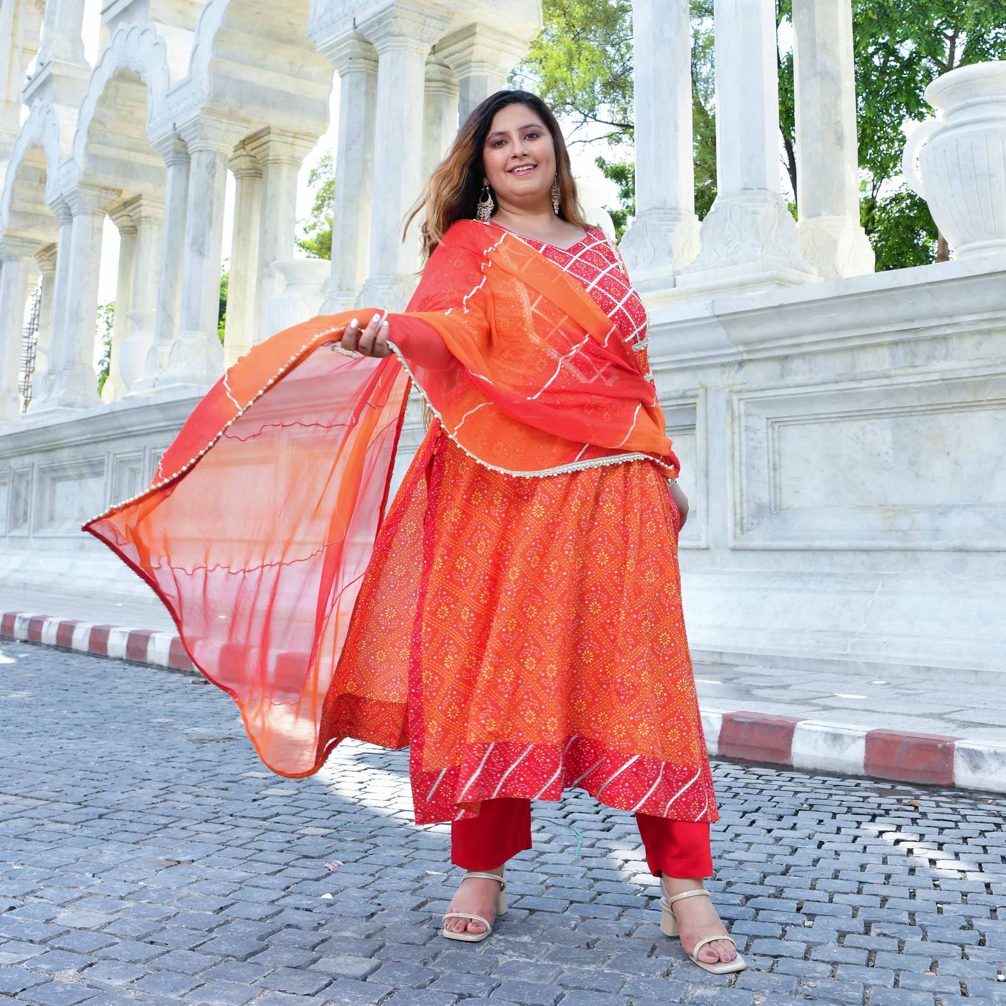 Rangrez - Red & Orange Bandhani Gota Cotton Aline Kurta
