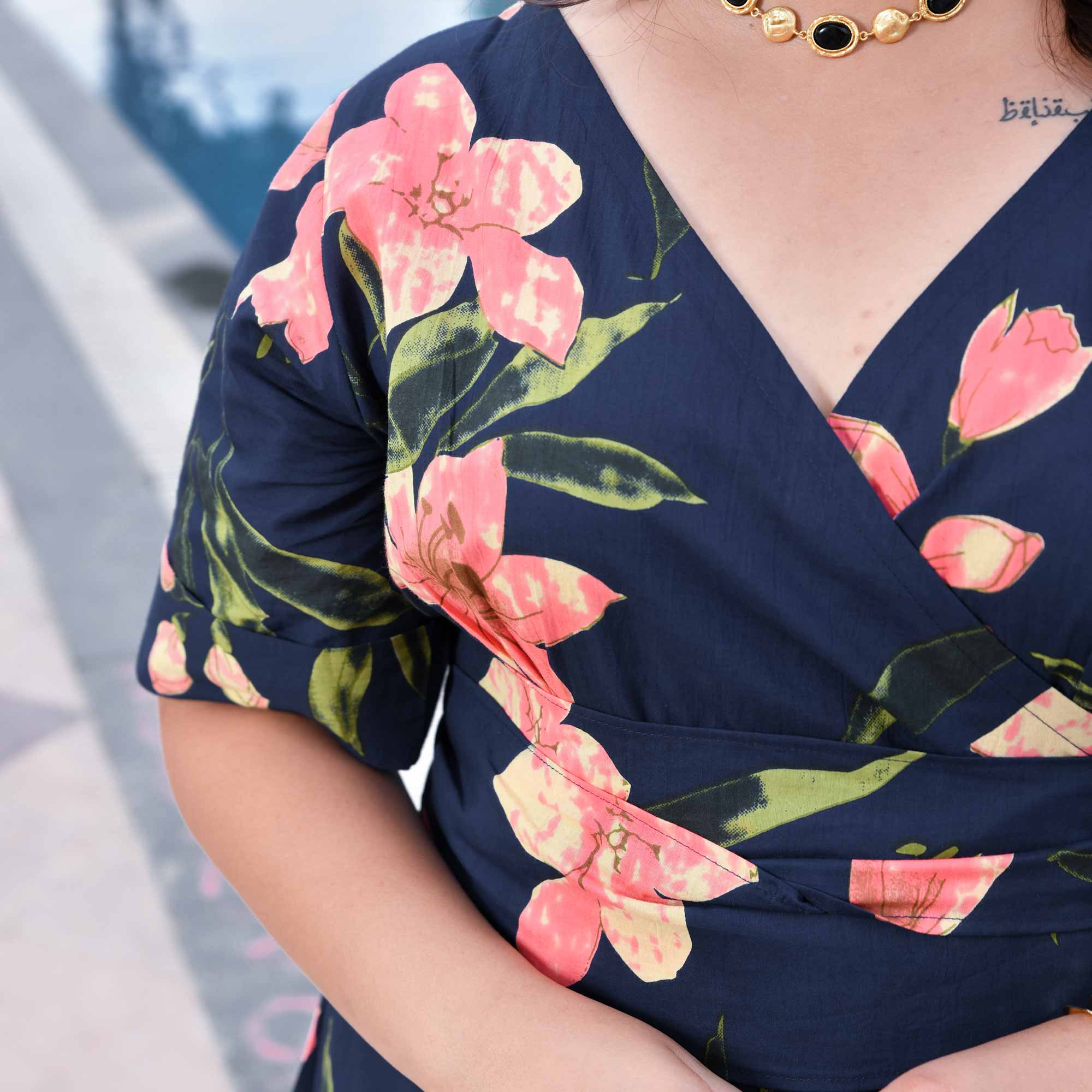 Navy And Peach Petal Delight Cotton Wrap Dress Navy And Peach Petal Delight Cotton Wrap Dress